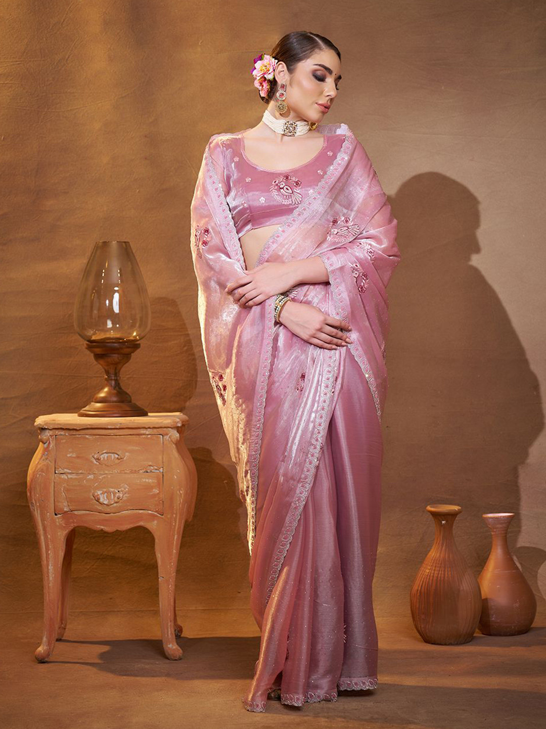 

Mitera Ethnic Motifs Beads and Stones Organza Saree, Pink