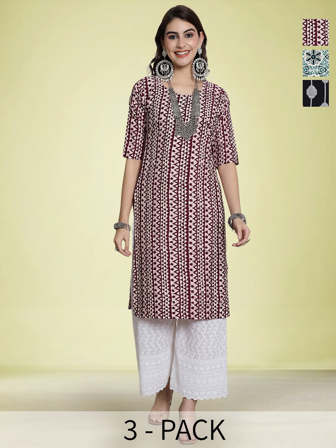 

Moda Rapido Selection Of 3 Floral Printed Round Neck Straight Kurtas, Green
