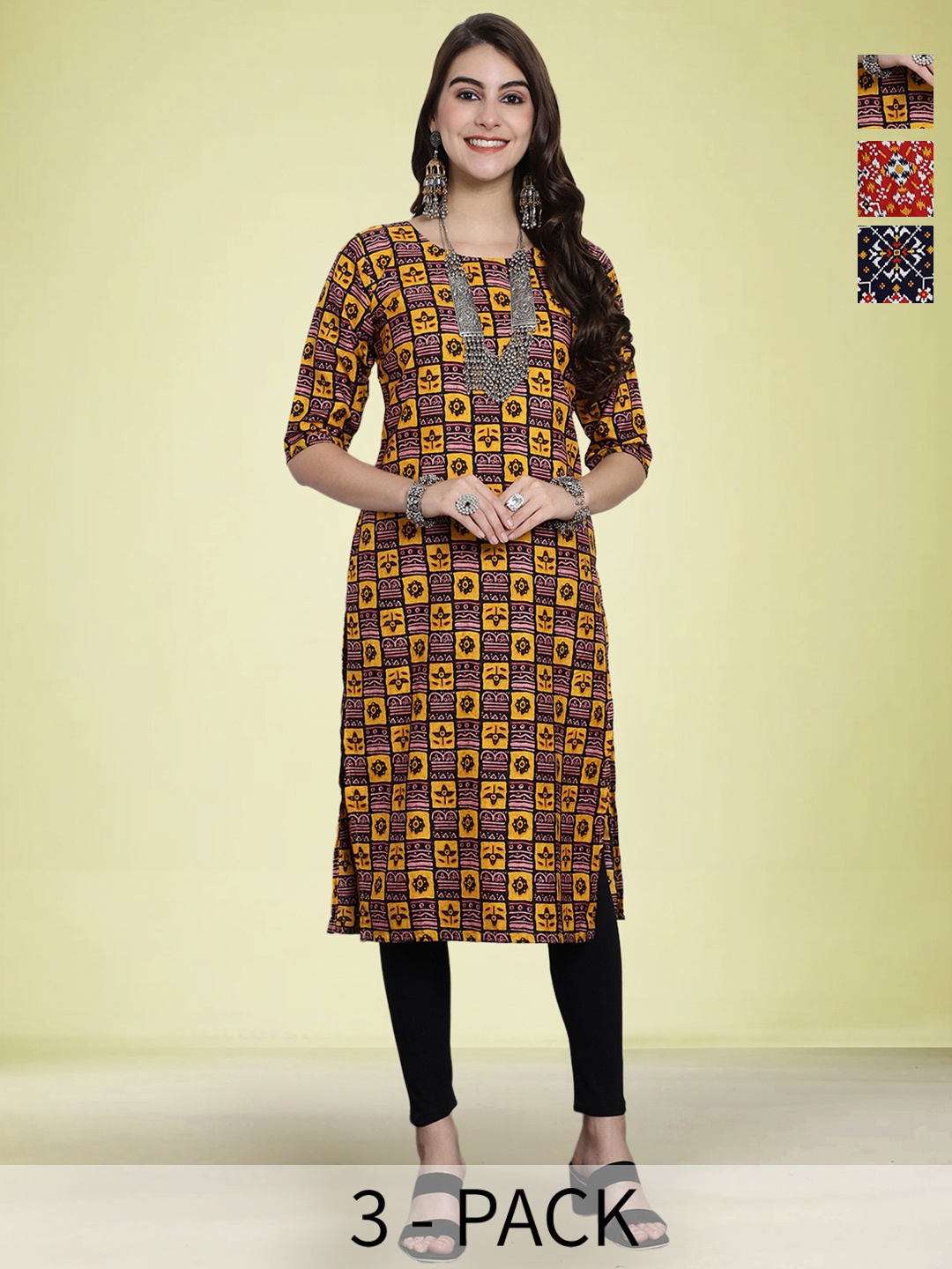 

Moda Rapido Selection Of 3 Geometric Printed Round Neck Straight Kurtas, Yellow