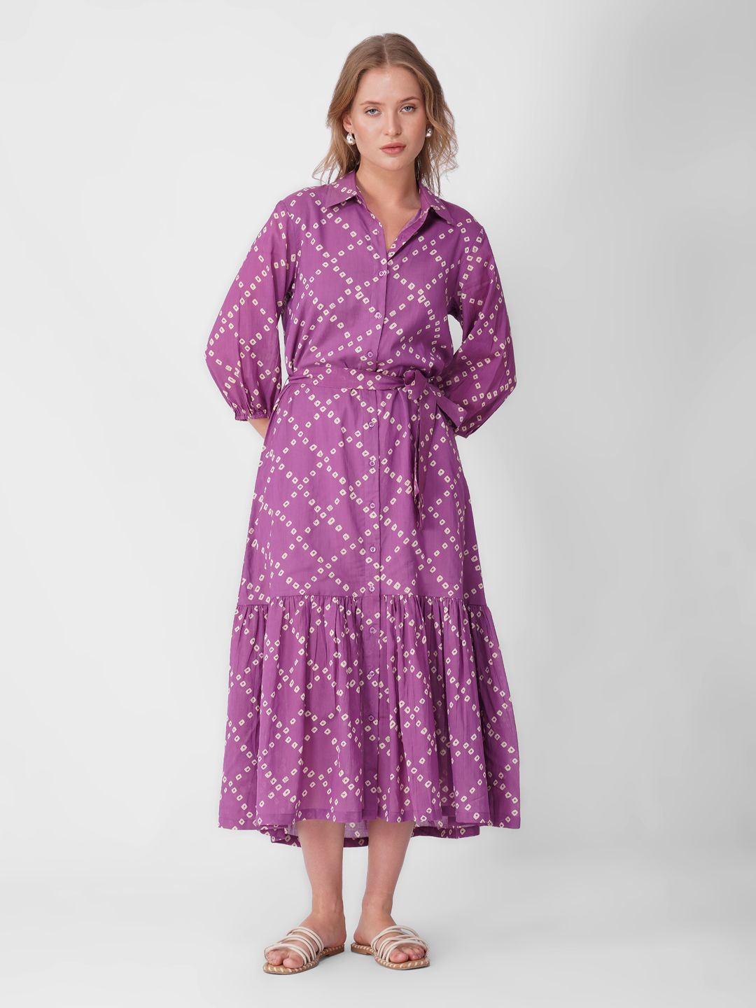 

Zenava by Myntra Print Puff Sleeve Fit & Flare Midi Dress, Purple