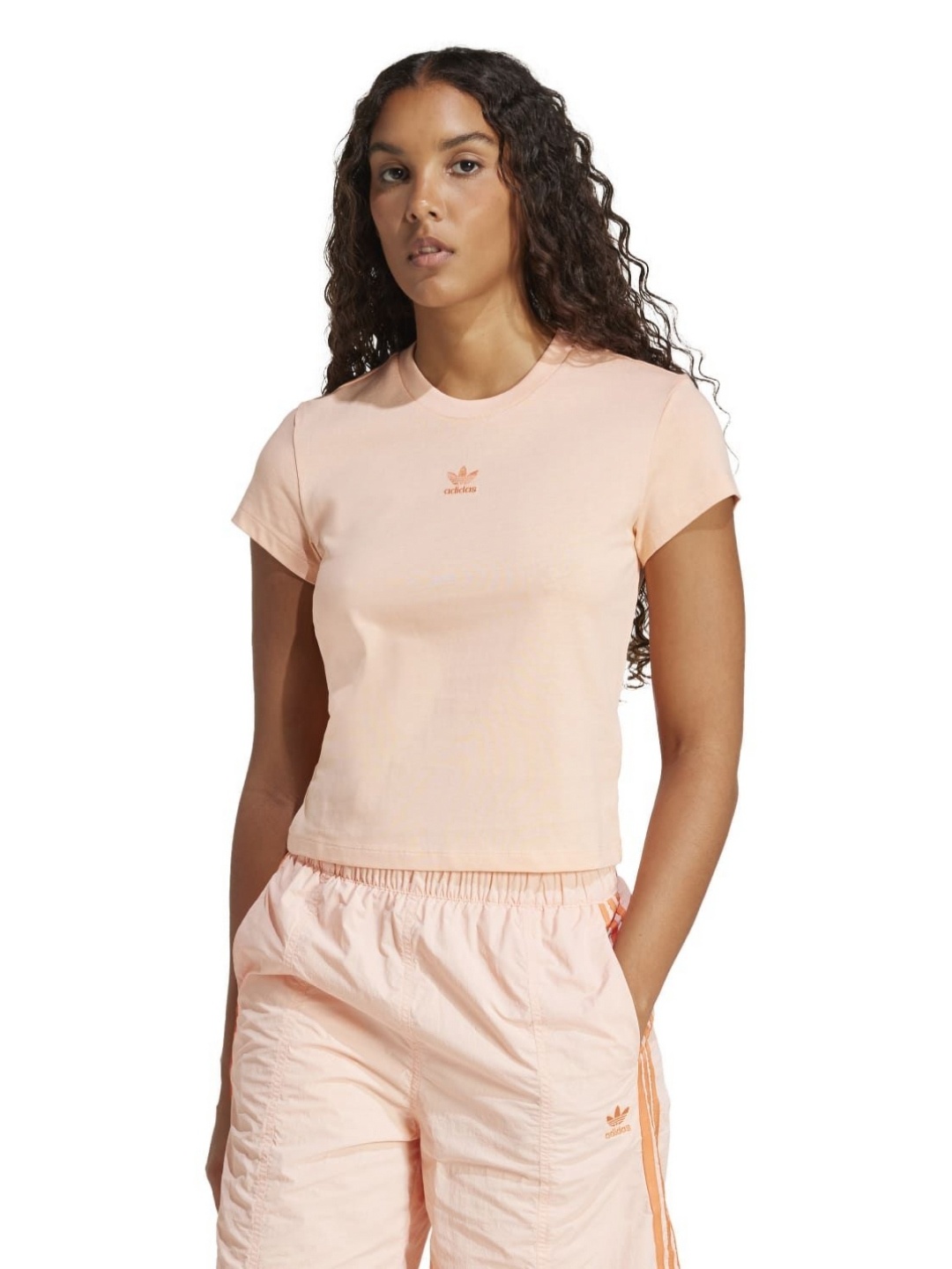 

ADIDAS Originals Women Typography Printed V-Neck Extended Sleeves Pockets Slim Fit T-shirt, Pink