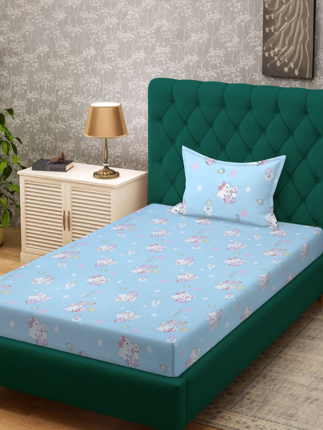

Myntra Elegant Homes Blue & White Cartoon Characters 400 TC Single Bedsheet with 1 Pillow Covers