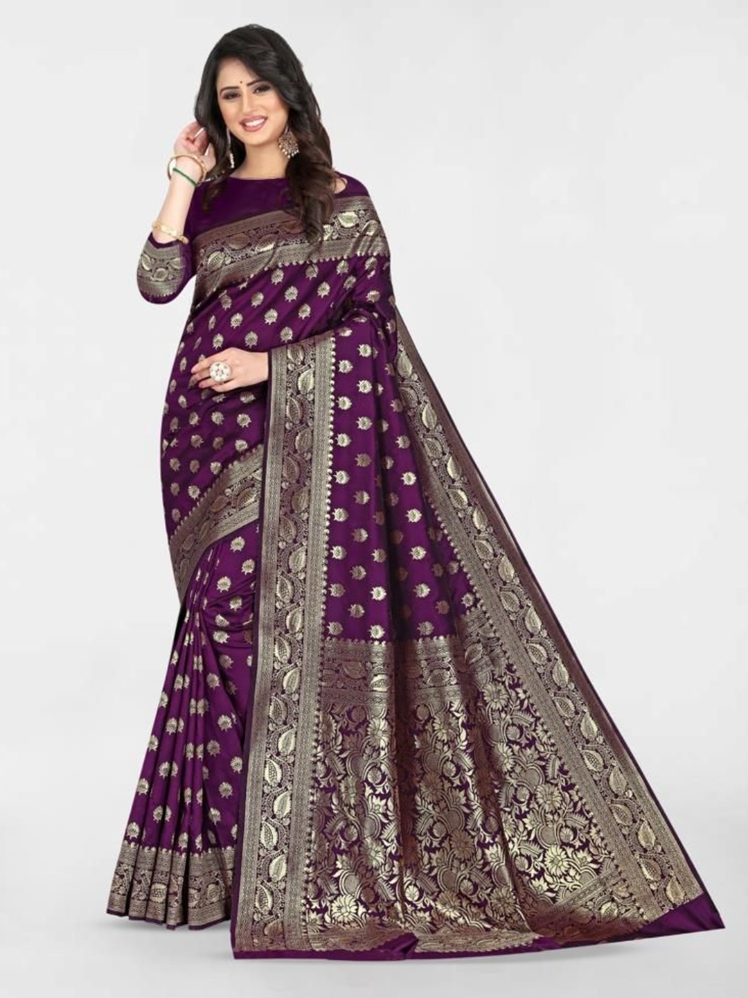 

MUSKAN CREATION Woven Design Zari Kanjeevaram Saree, Purple