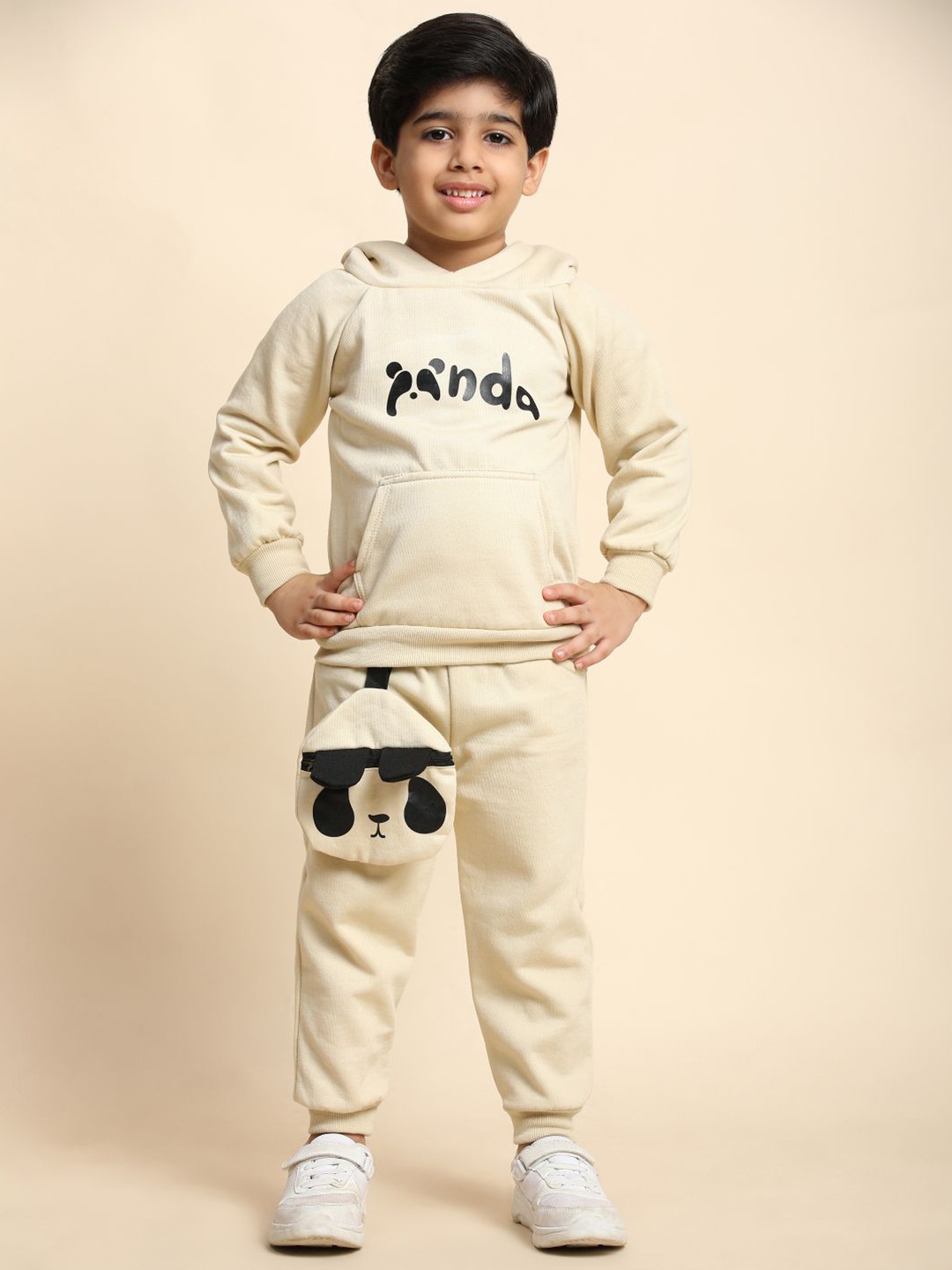 

MAYNEISHA Kids Printed Hooded Sweatshirt With Jogger, Beige