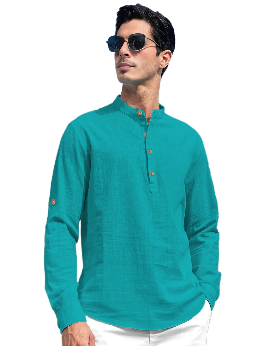 

EdinWolf Cotton Band Collar Slim Fit Short Kurta, Turquoise blue