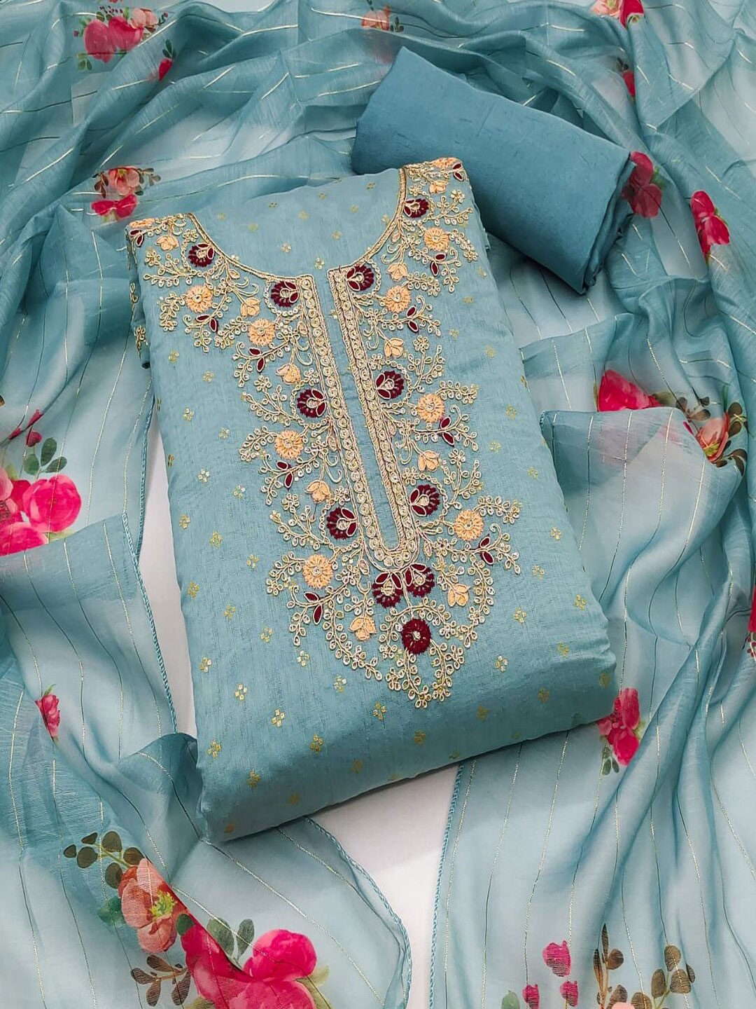 

REALLTREND Floral Embroidered Sequinned Unstitched Dress Material, Blue