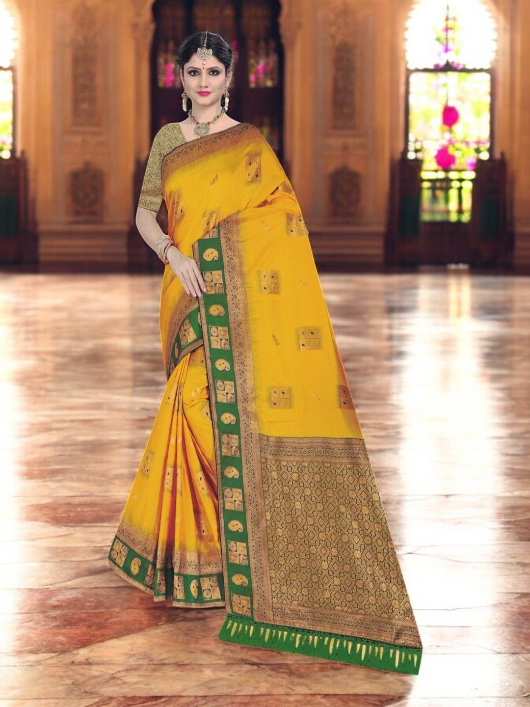 

SHOPPKEE Woven Design Zari Silk Blend Designer Banarasi Saree, Yellow