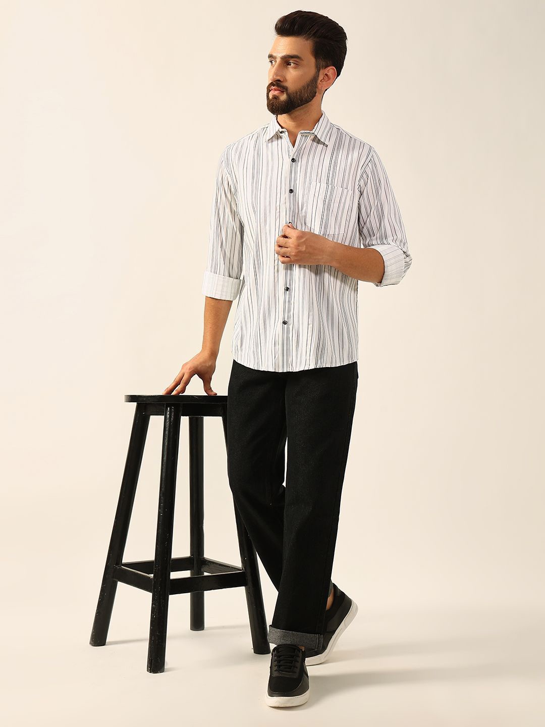 

ENSPYR Men Opaque Striped Casual Shirt, White