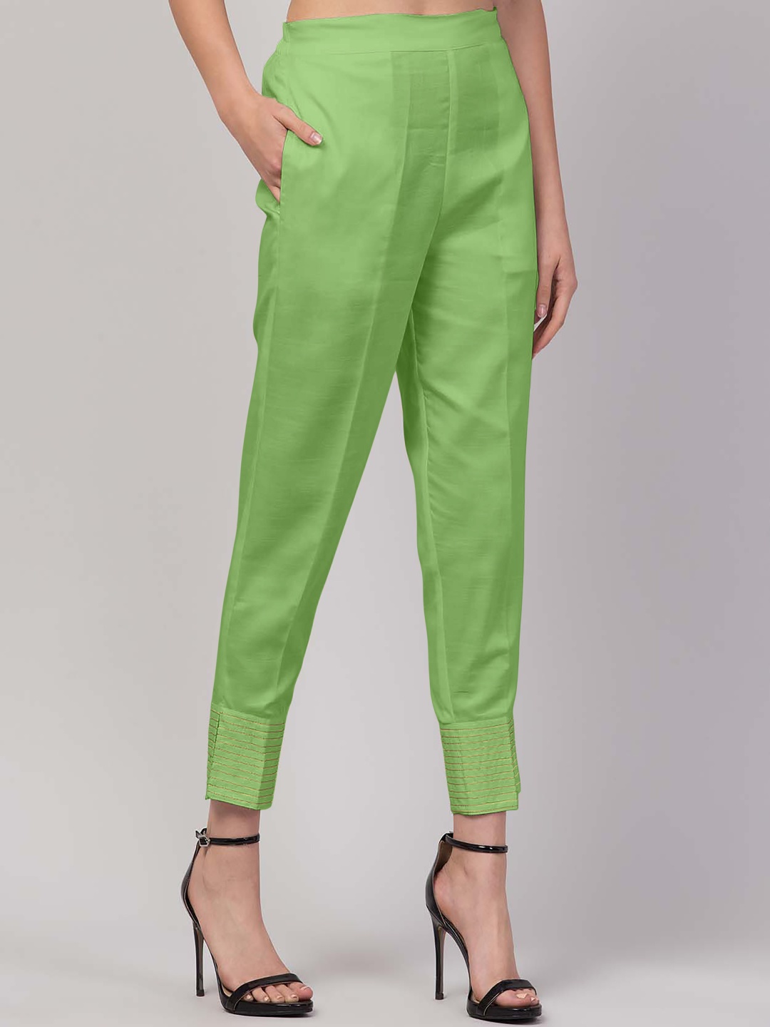 

FLOREOS Women Textured Embroidered Comfort Easy Wash Trousers, Fluorescent green