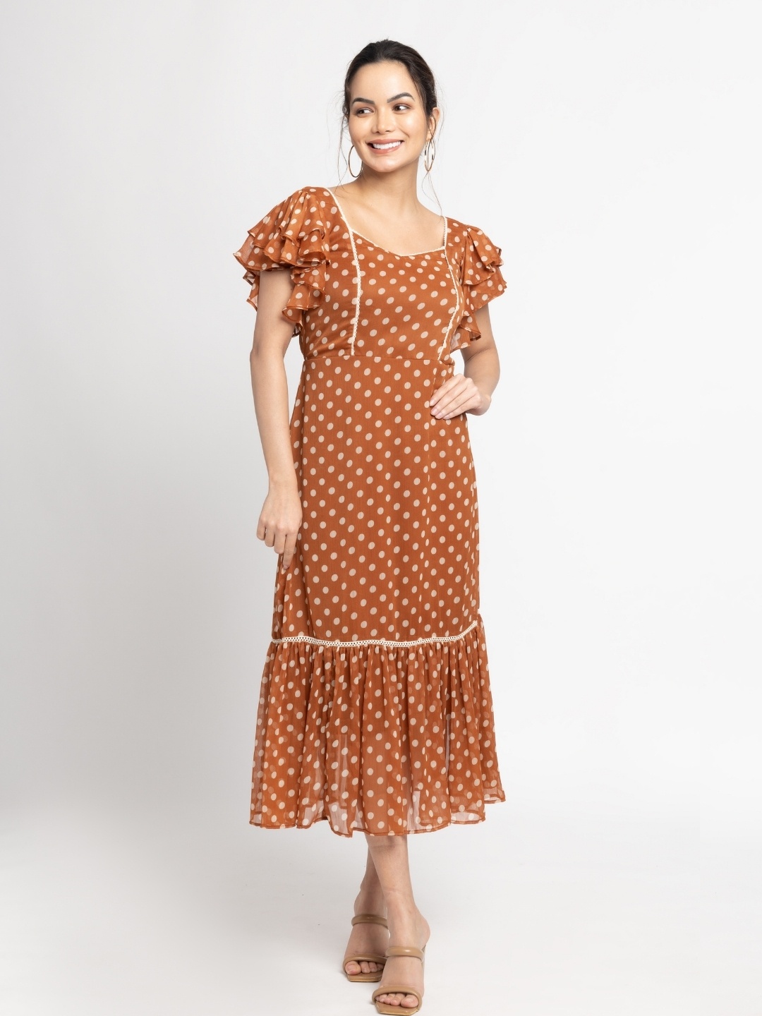 

JULO Polka Dot Print Flutter Sleeve Chiffon A-Line Midi Dress, Brown