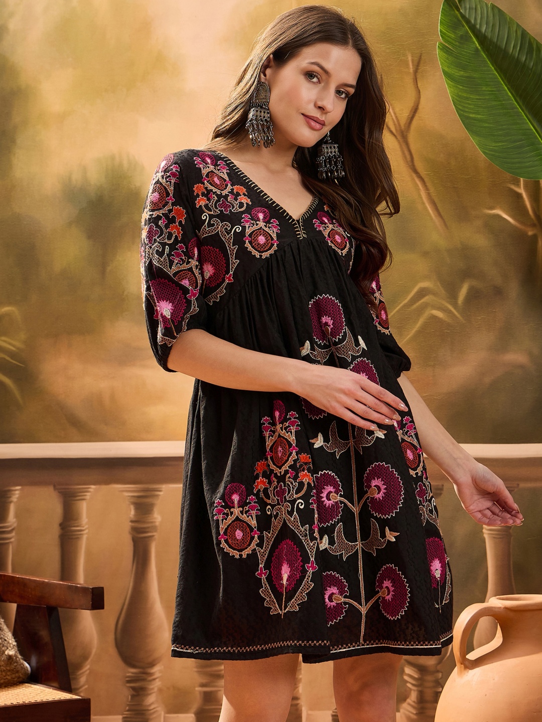 

Sangria Embroidered Pure Cotton Fit & Flare Dresses, Black