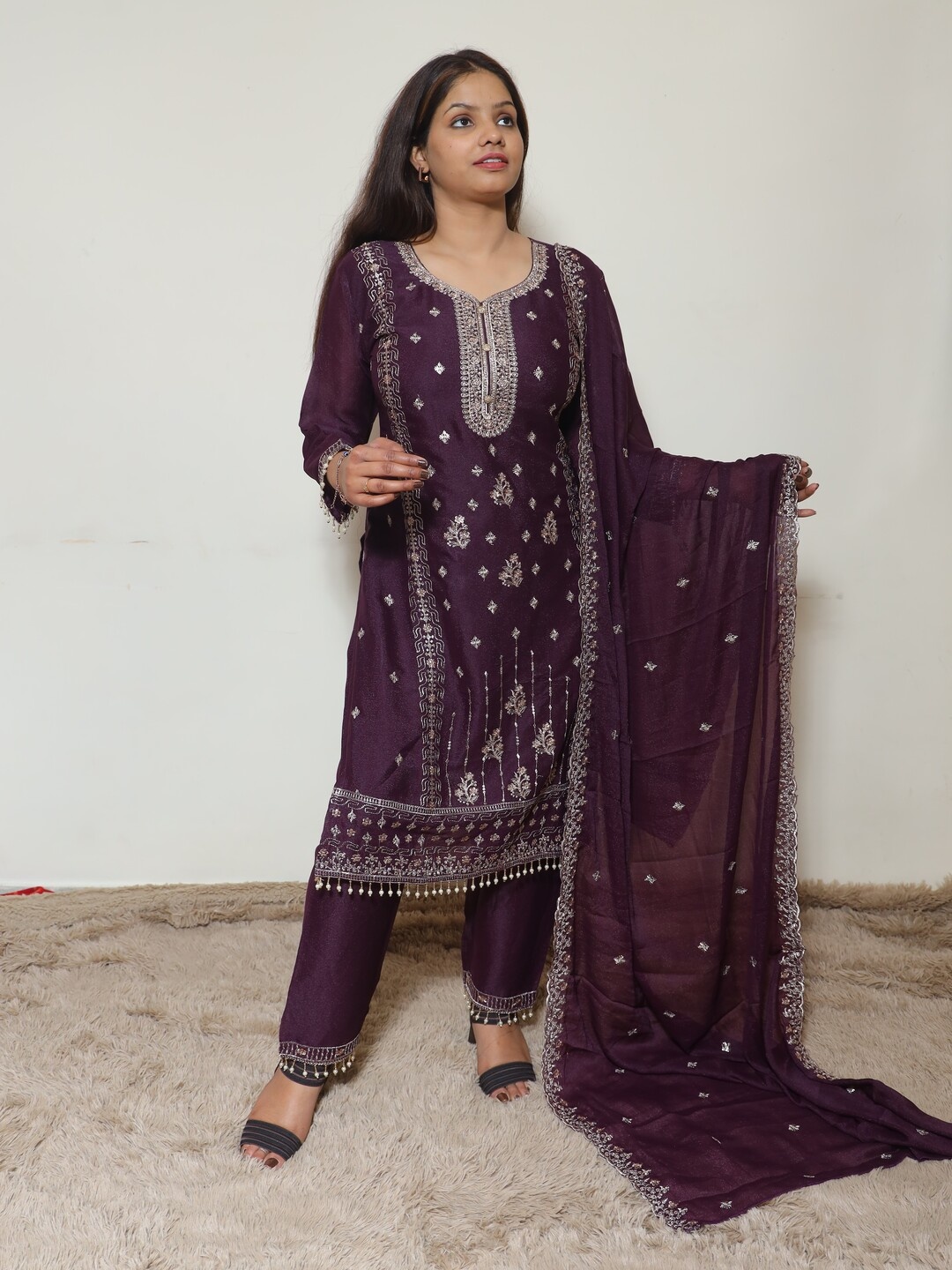 

Wavy Collection Women Embroidered Regular Silk Georgette Kurta with Trousers & With Dupatta, Purple