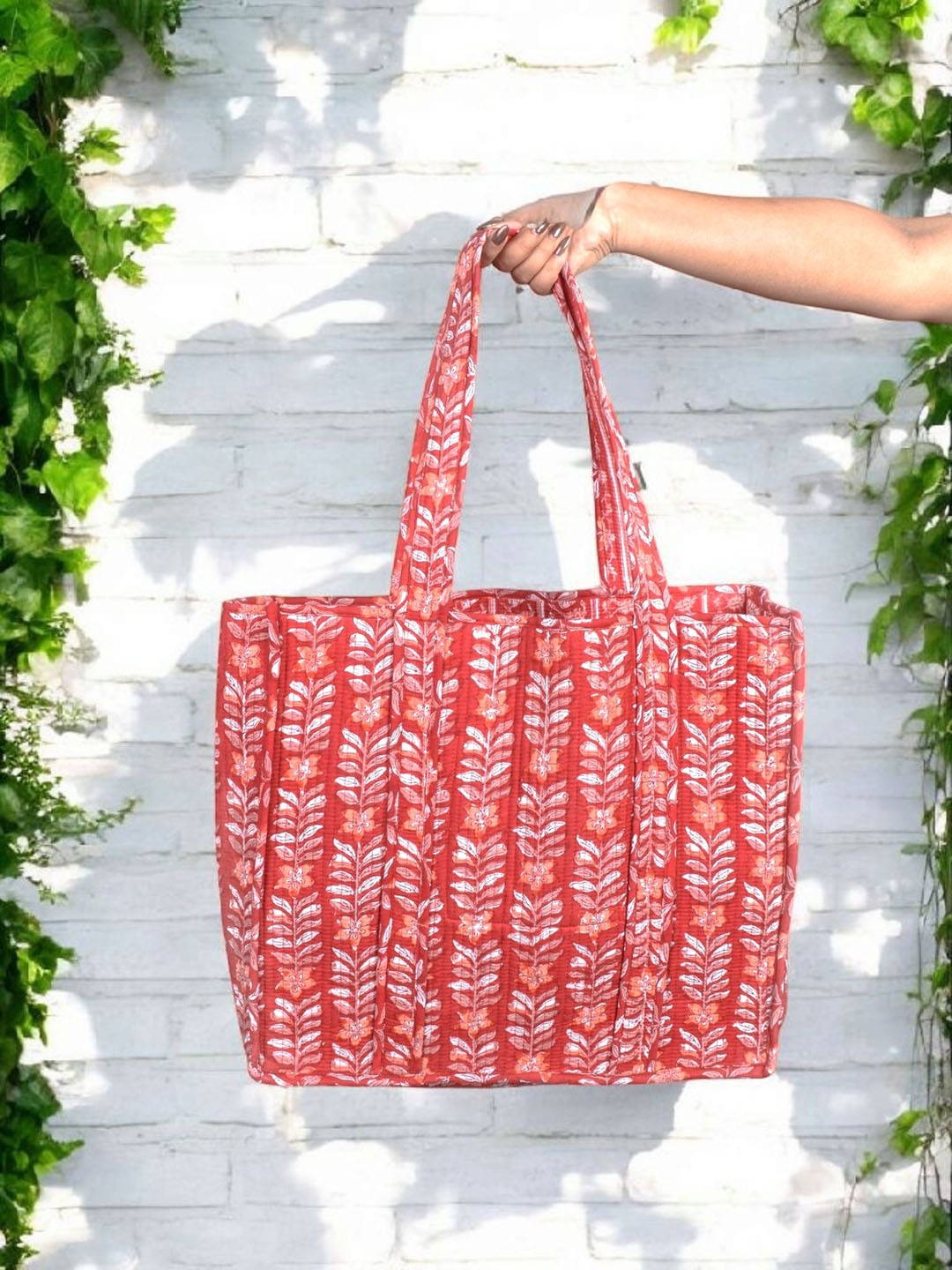 

Feels Like Home Floral Printed Oversized Tote Bag with Quilted, Red