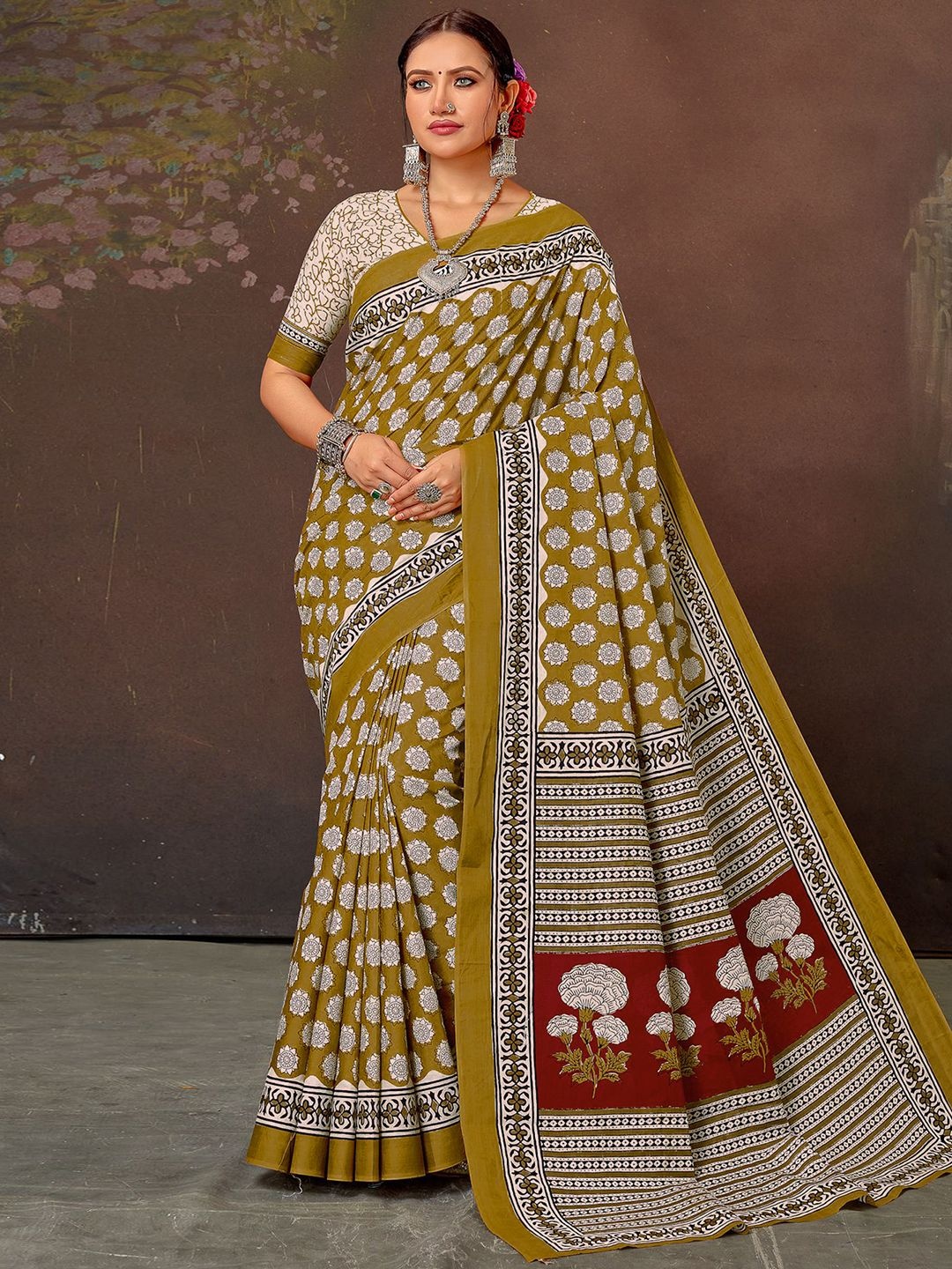 

all about you Ethnic Motifs Block Print Saree, Mustard