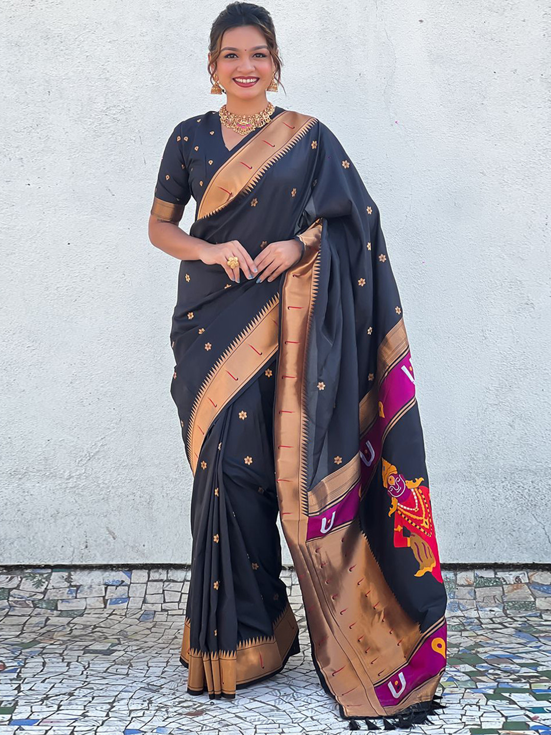 

all about you Woven Design Zari Silk Blend Paithani Saree, Black