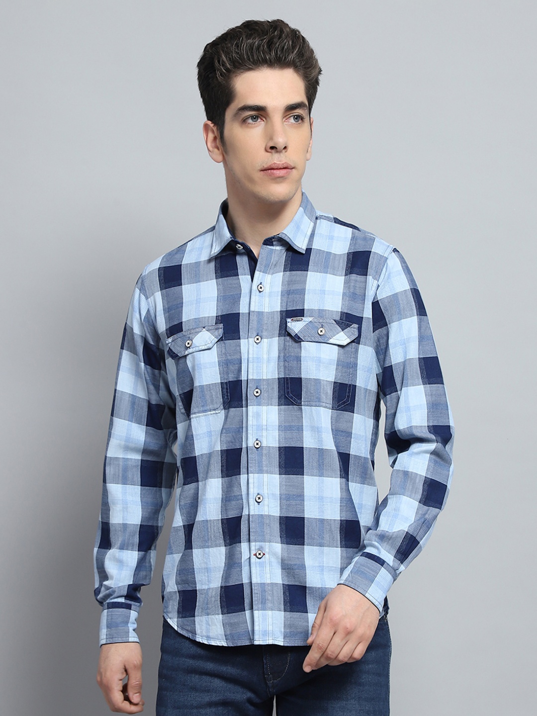 

Monte Carlo Men Buffalo Checks Opaque Checked Casual Shirt, Blue