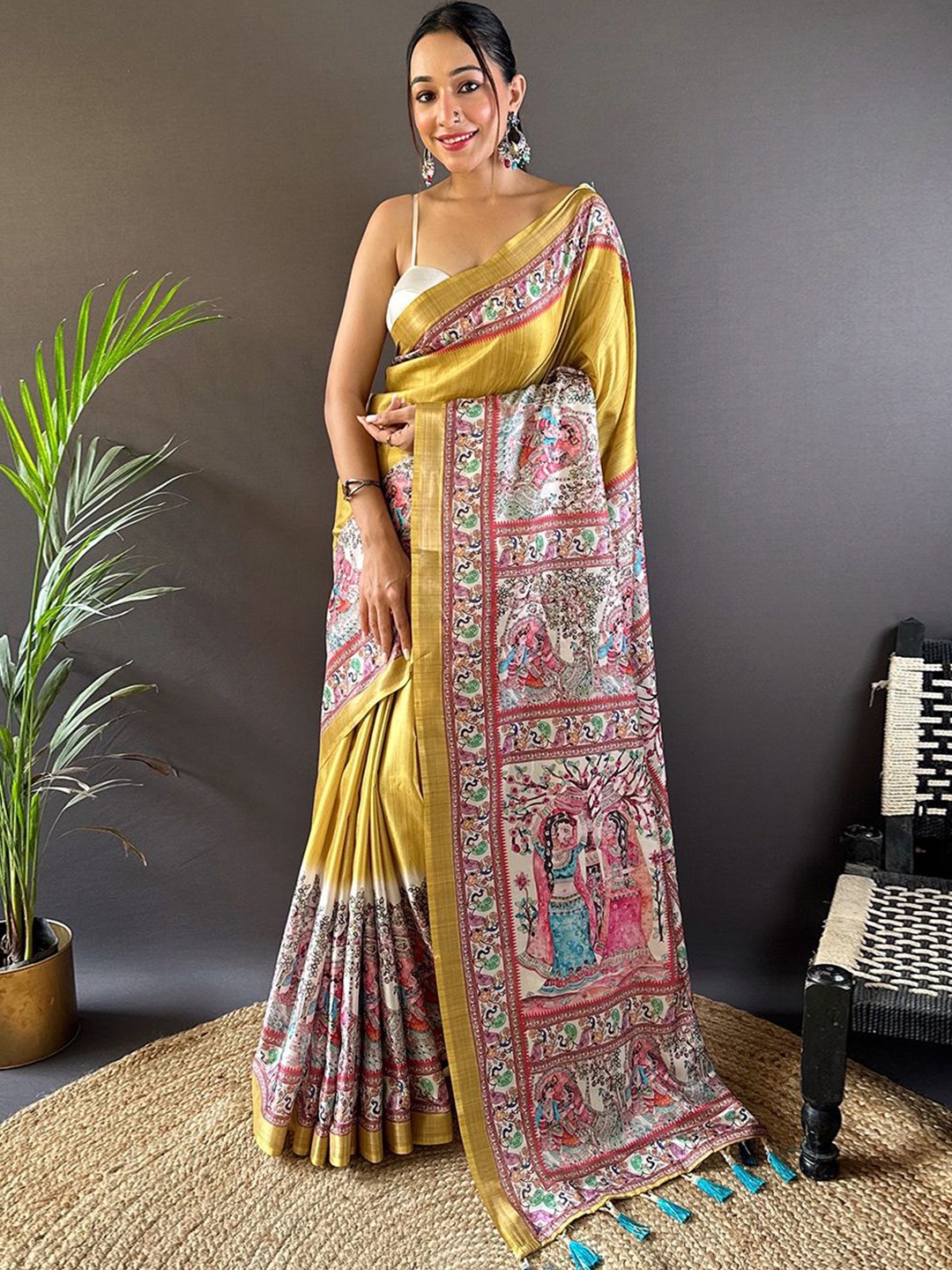 

all about you Kalamkari Zari Silk Blend Tussar Saree, Gold