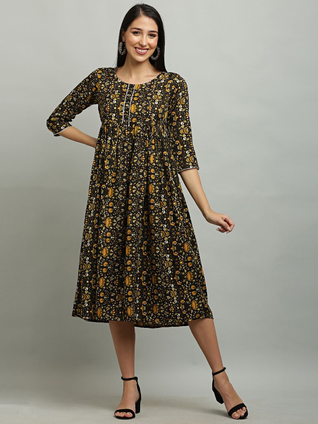 

DEGE Floral Printed A-Line Anarkali Ethnic Dress, Black