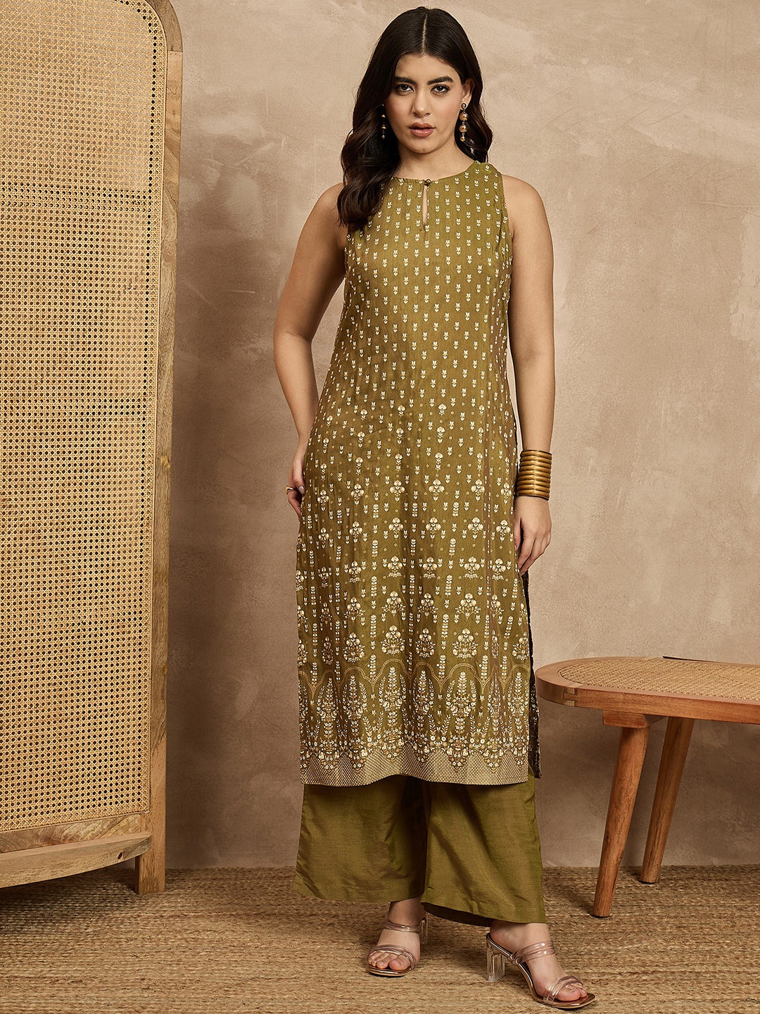 

House of Pataudi Printed Tunic With Palazzo Co-Ords, Green