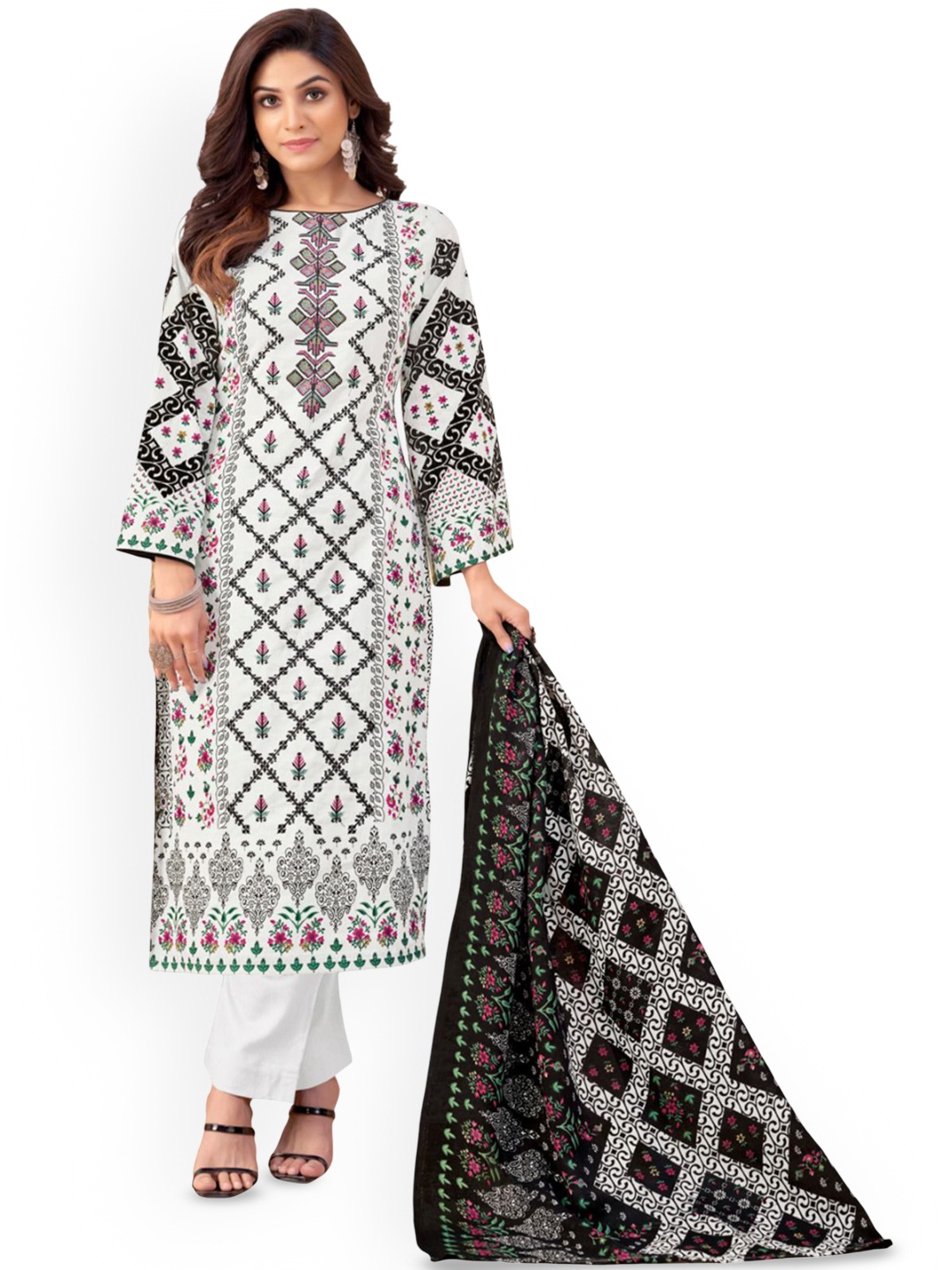 

DRAVINAM Trends Embroidered Pure Cotton Unstitched Dress Material, White
