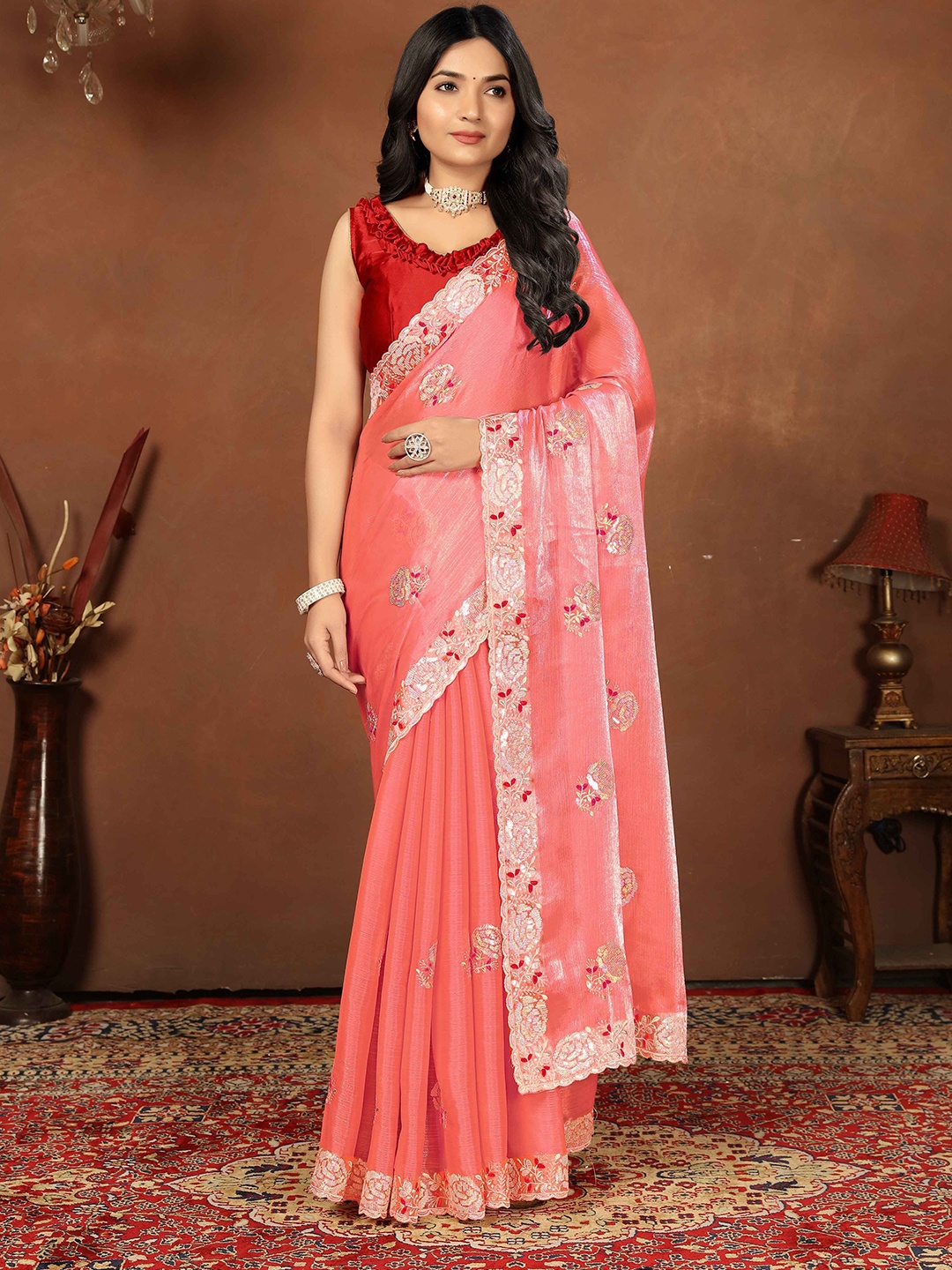 

NEGRONI Floral Embroidered Organza Saree, Peach