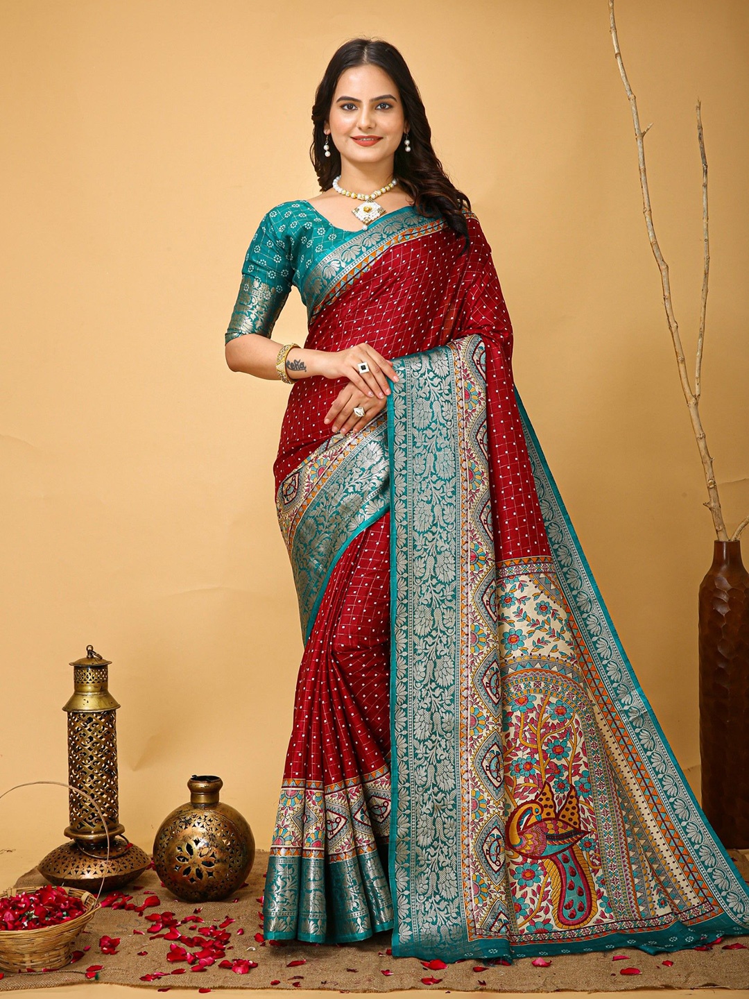 

Rangtulika Ethnics Kalamkari Zari Saree, Red