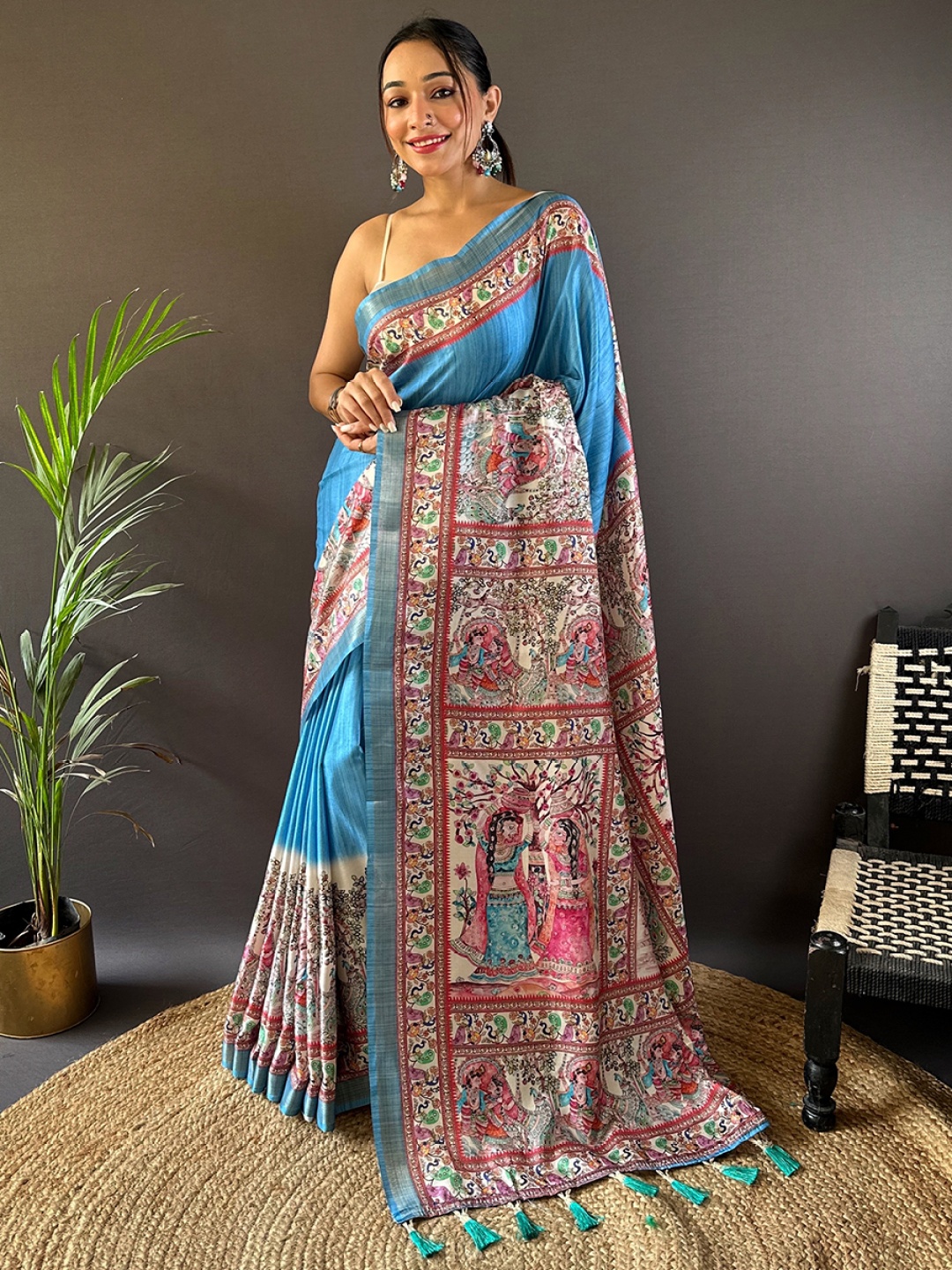 

all about you Kalamkari Zari Silk Blend Tussar Saree, Blue