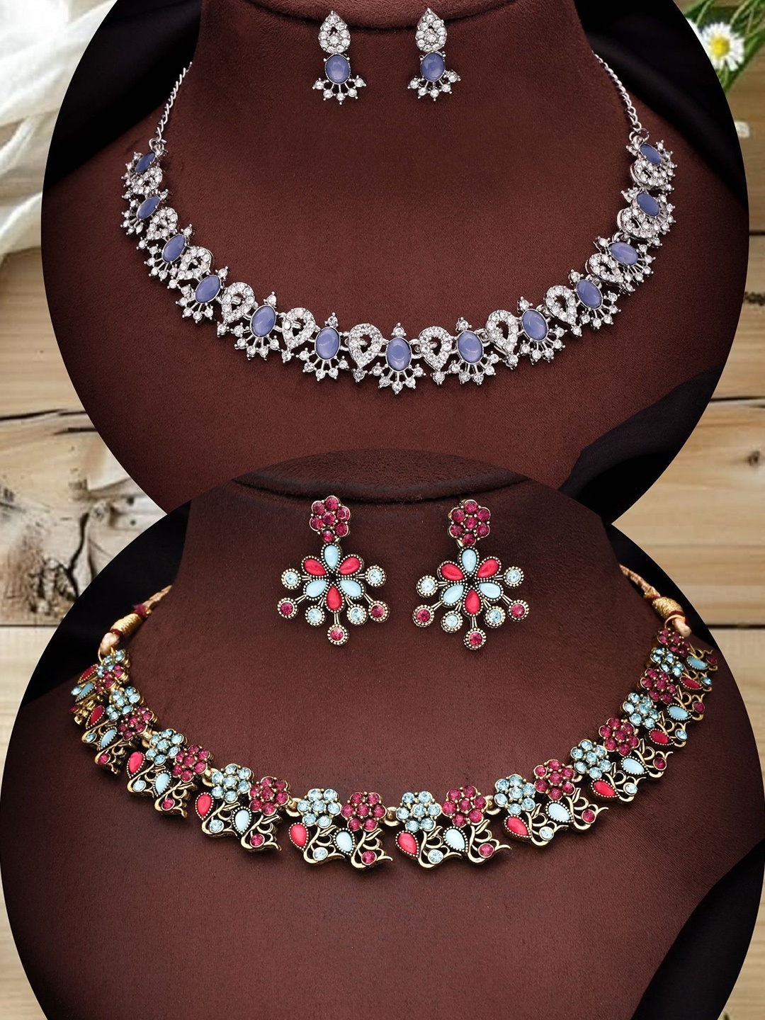 

DIVASTRI Set Of 2 Silver Plated & Gold Plated American Diamond Studded Jewellery Set