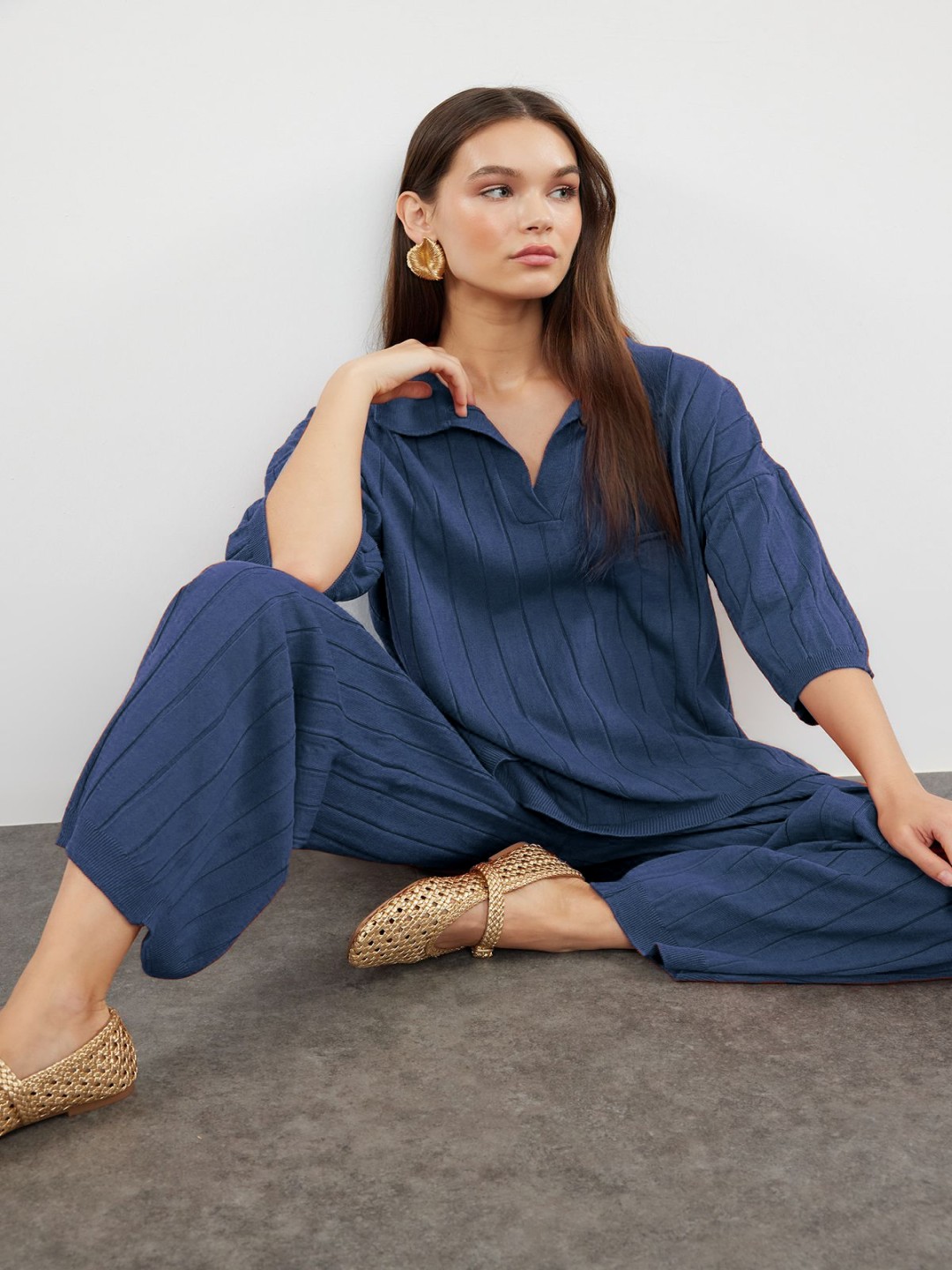

Trendyol Striped Top With Trousers Co-Ords, Blue