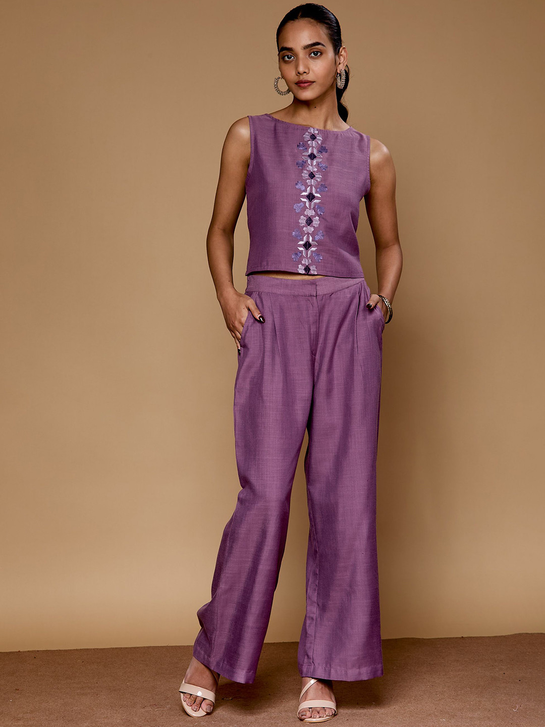 

Saaki Printed Round Neck Top Jacket With Trousers Co-Ords Set, Purple