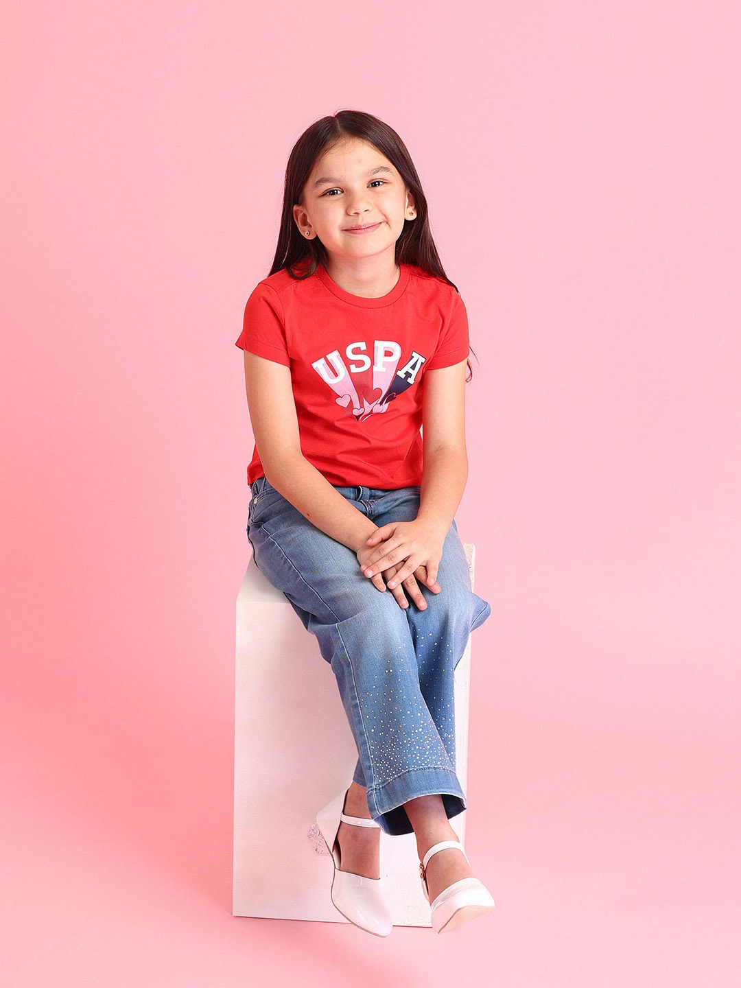 

U.S. Polo Assn. Kids Girls Brand Logo Printed Pure Cotton T-shirt, Red