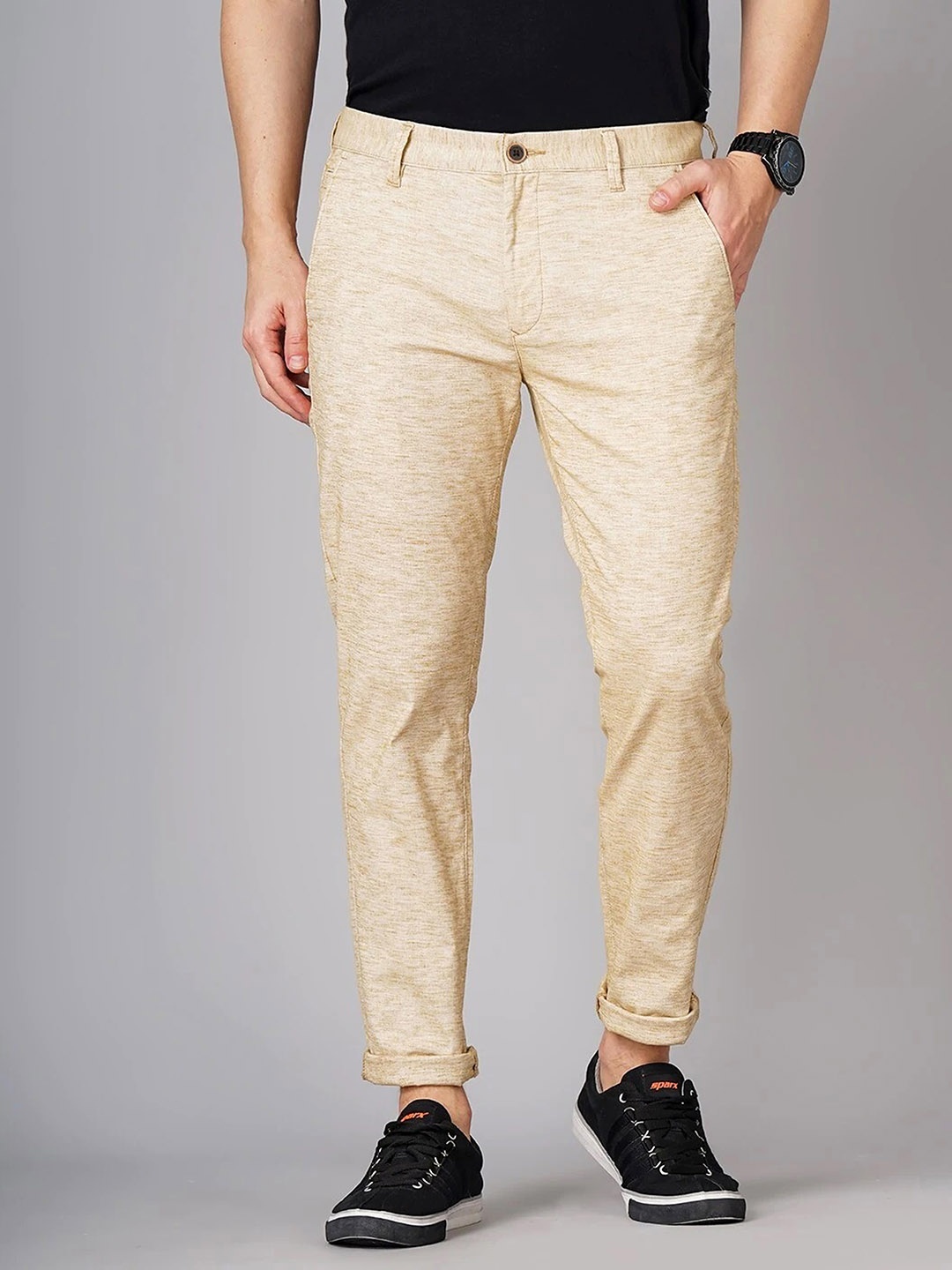 

PulseIQ Men Relaxed Slim Fit Easy Wash Pleated Trousers, Cream