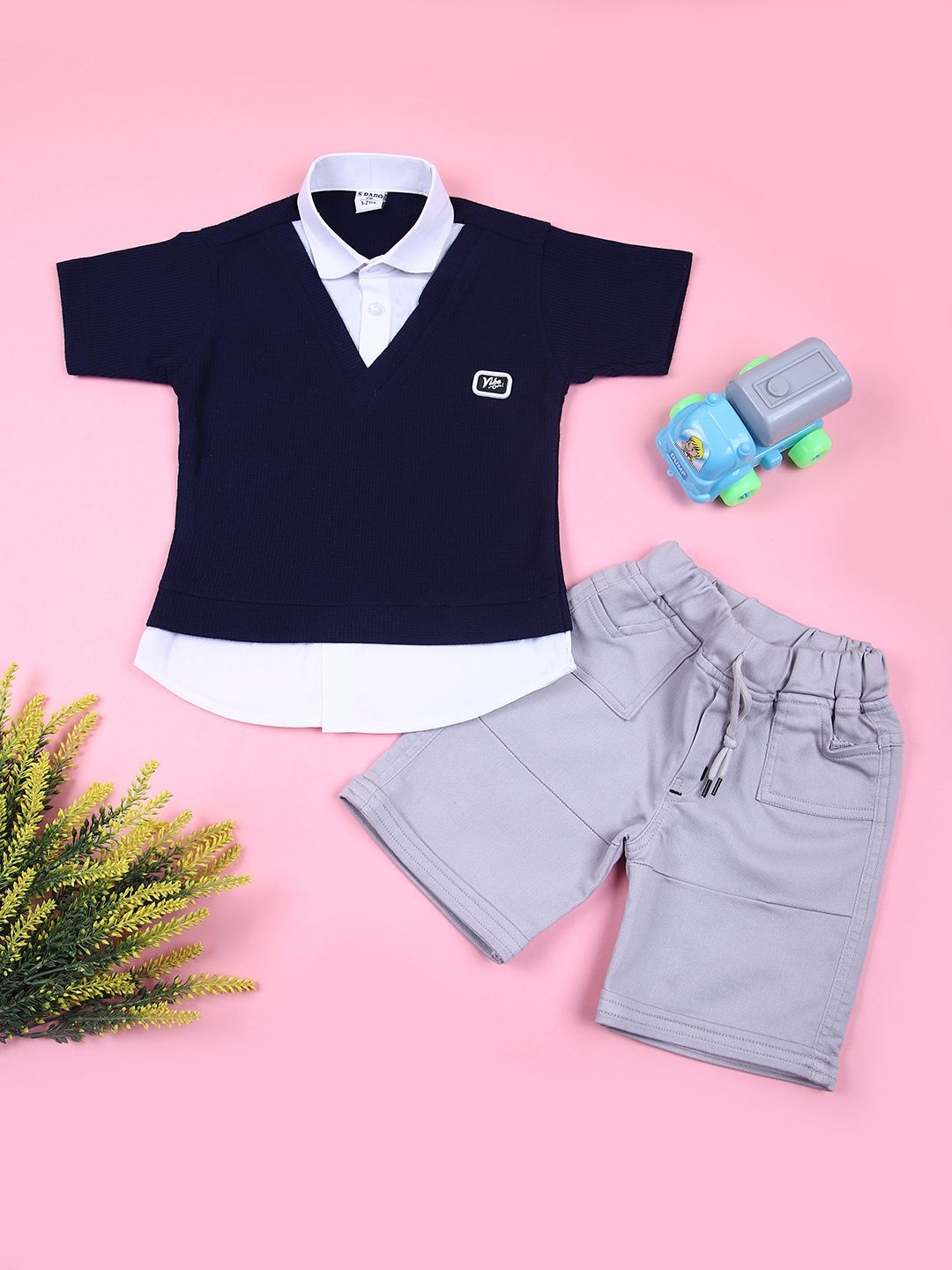 

V-Mart Boys Printed Shirt with Shorts, Navy blue
