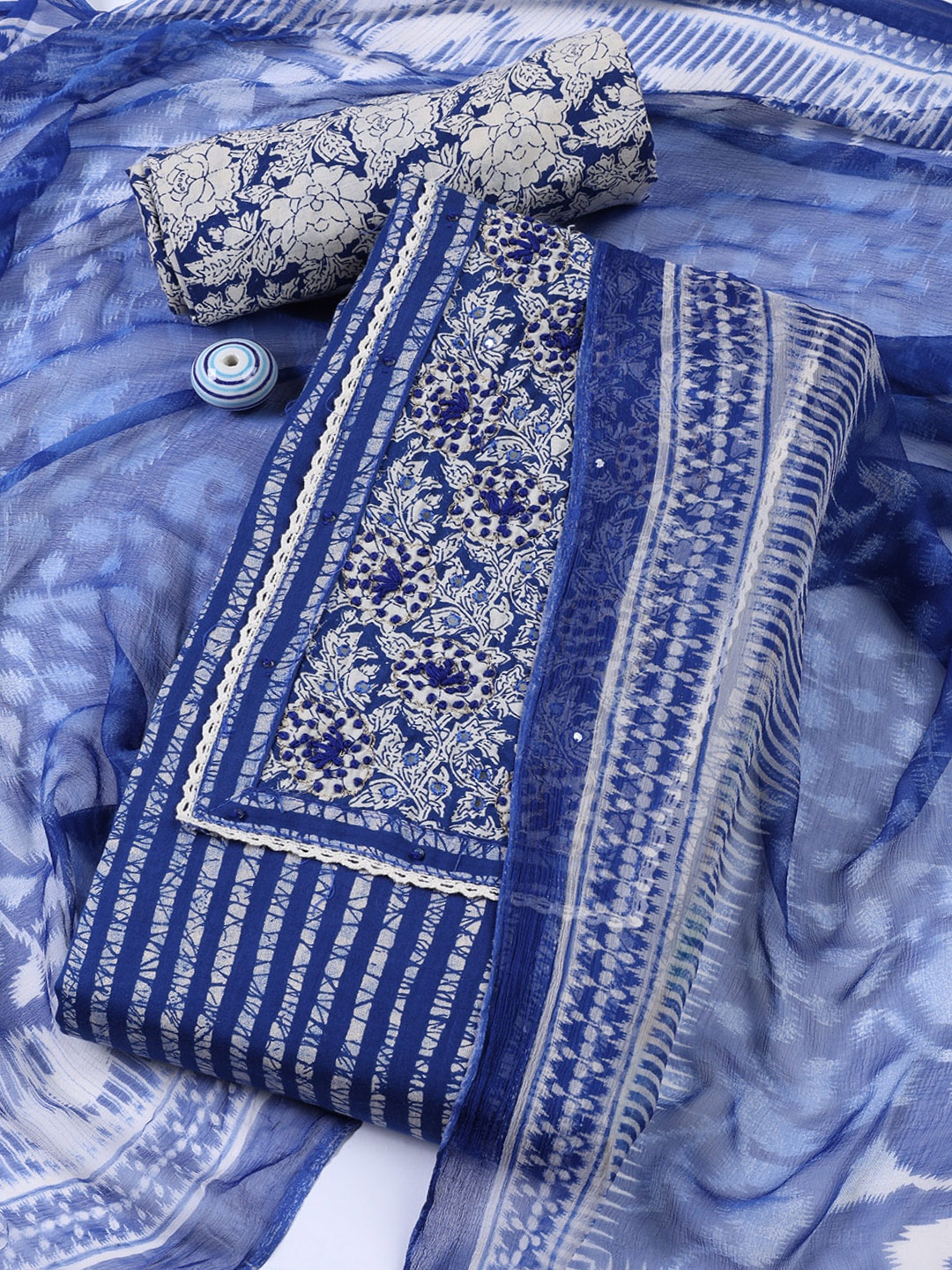 

Meena Bazaar Printed Unstitched Dress Material, Blue