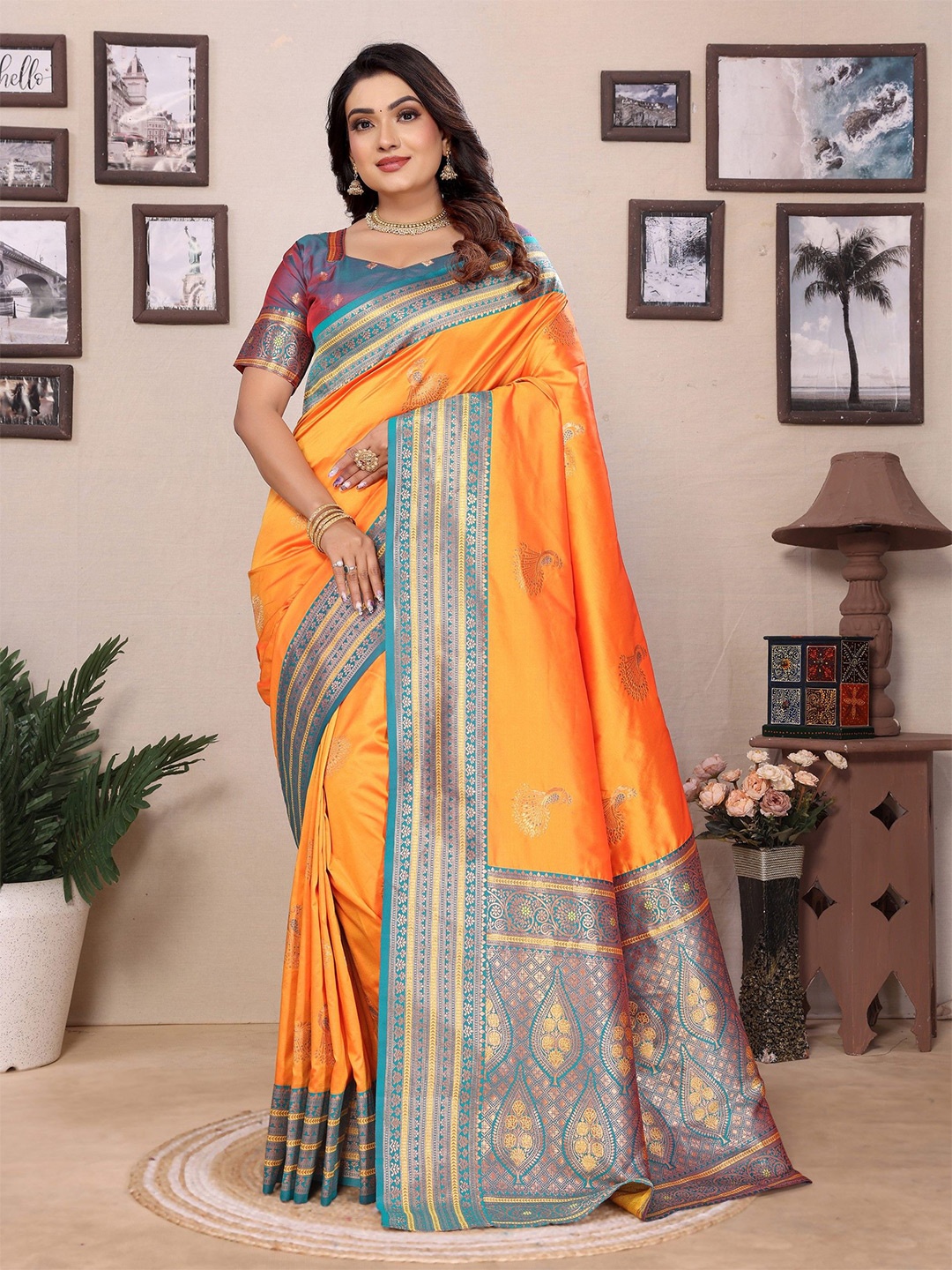 

Mitera Woven Design Zari Silk Blend Banarasi Saree, Orange