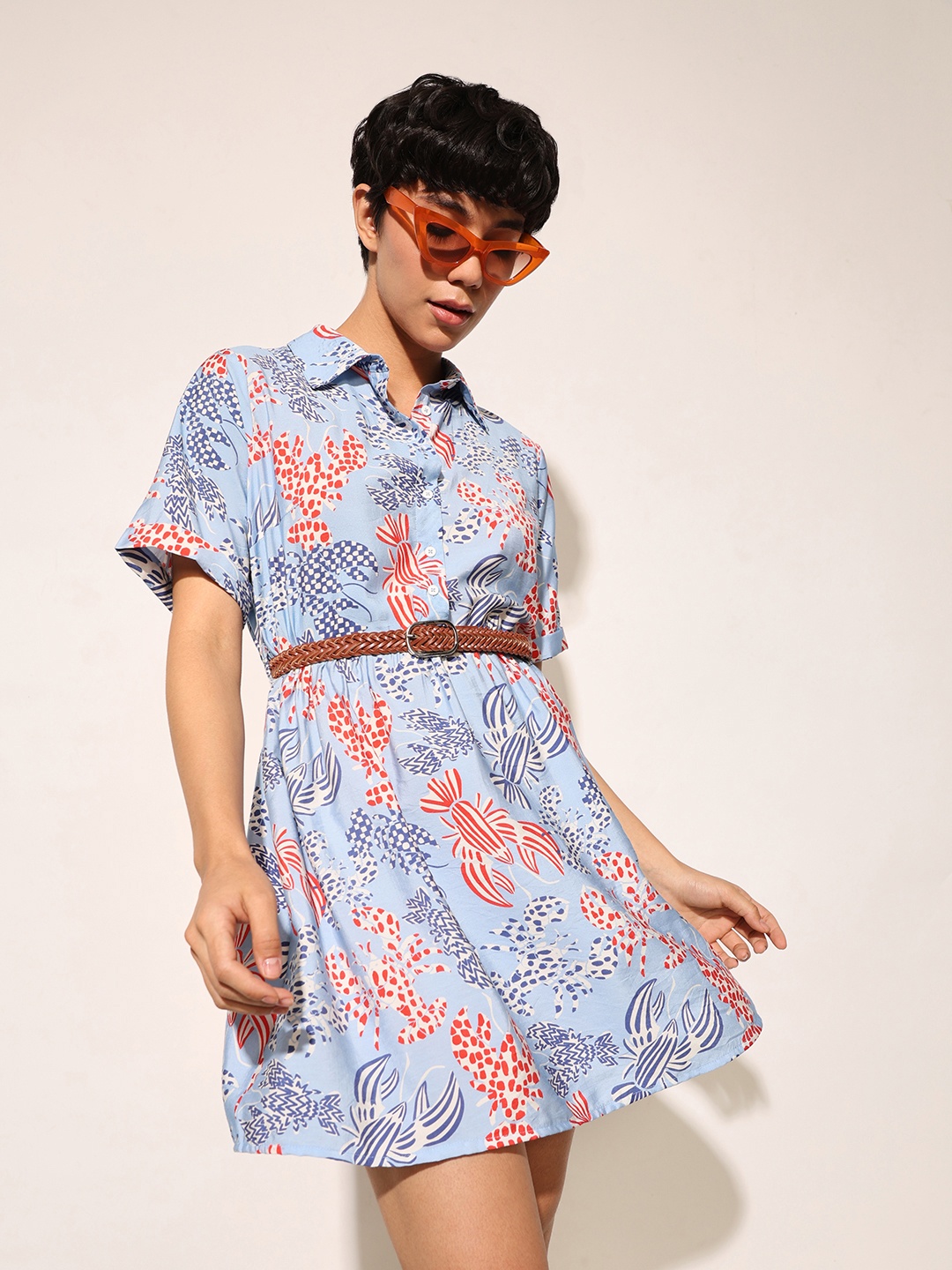 

ONLY Floral Print Shirt Mini Dress, Blue