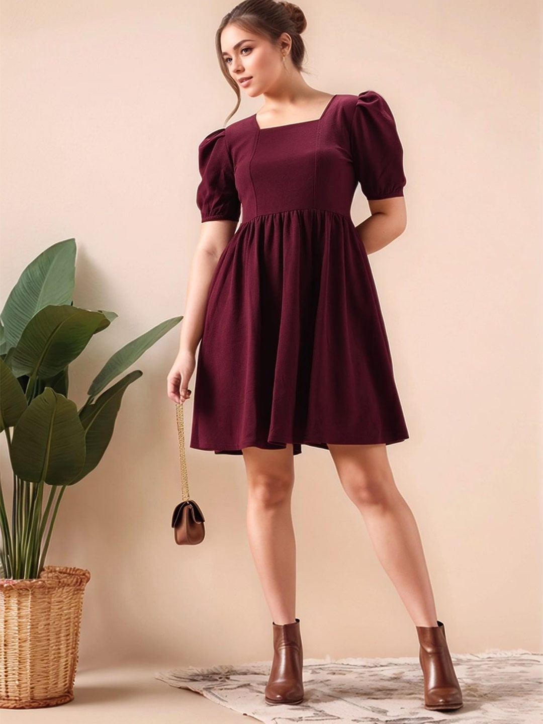 

Mast & Harbour Puff Sleeve Fit & Flare Dress, Maroon