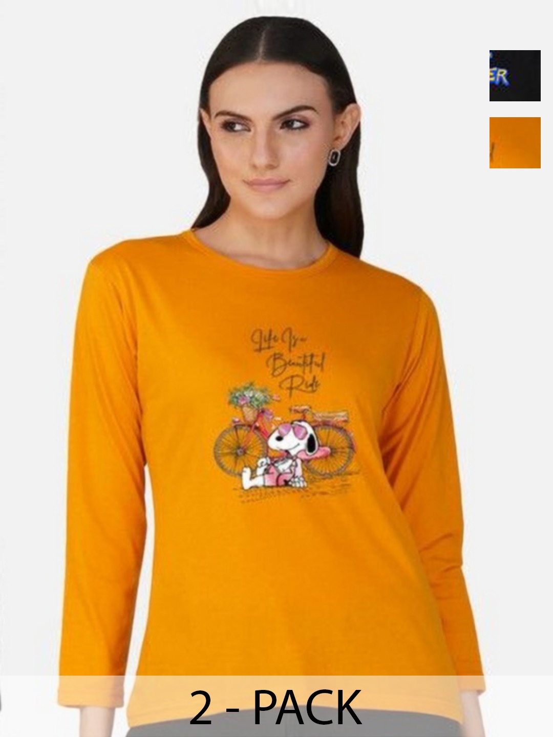 

Metronaut Women 2 Printed Bio Finish Applique T-shirt, Mustard