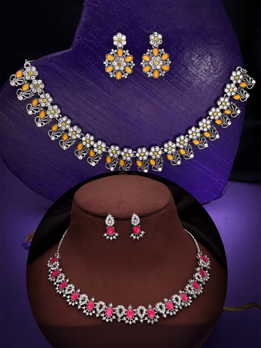 

DIVASTRI Pack Of 2 Silver-Plated American Diamond Jewellery Set