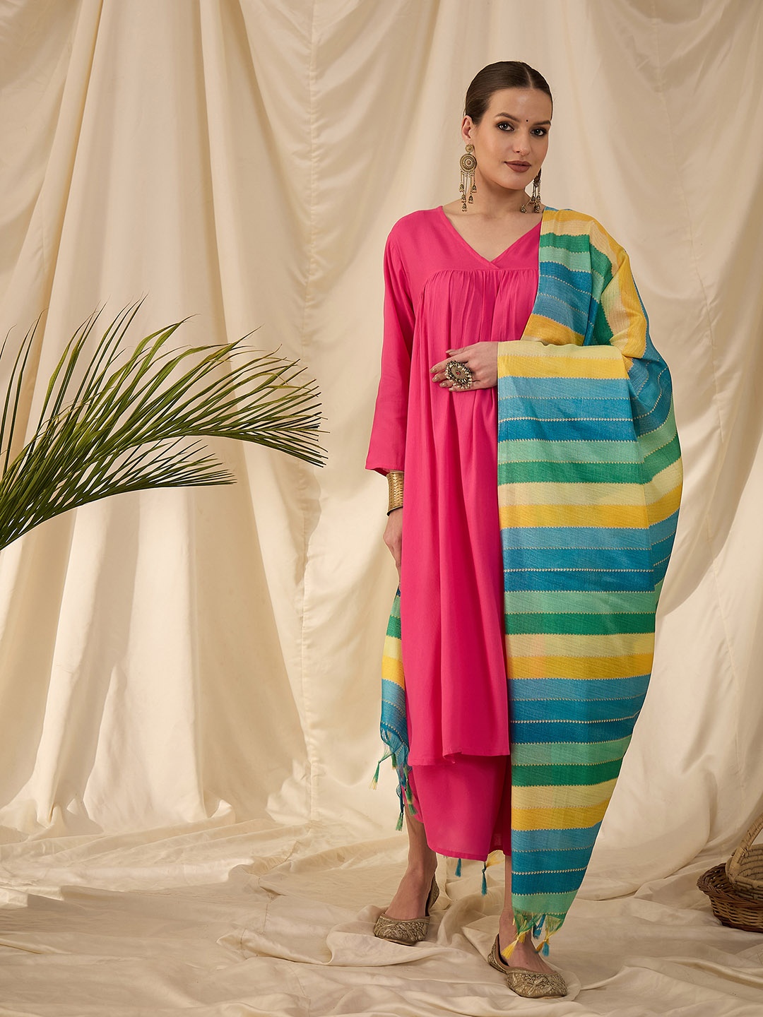 

InWeave Women Pleated Kurta with Palazzos & With Dupatta, Fuchsia