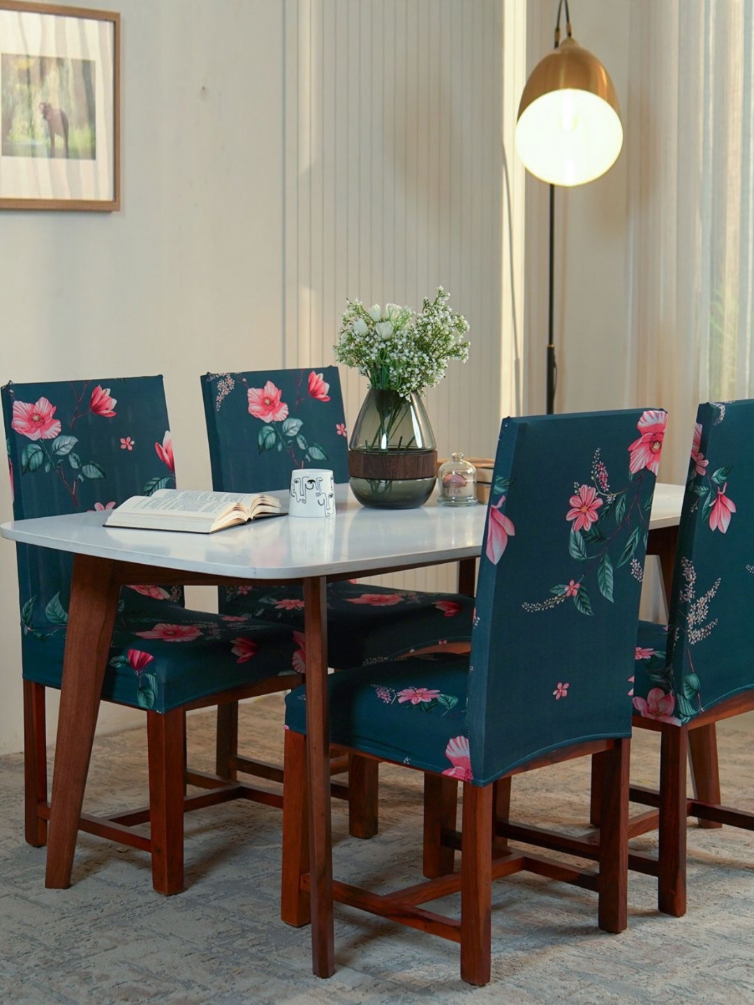 

WOODEN STREET Set Of 4 Blue & White Printed Chair Covers