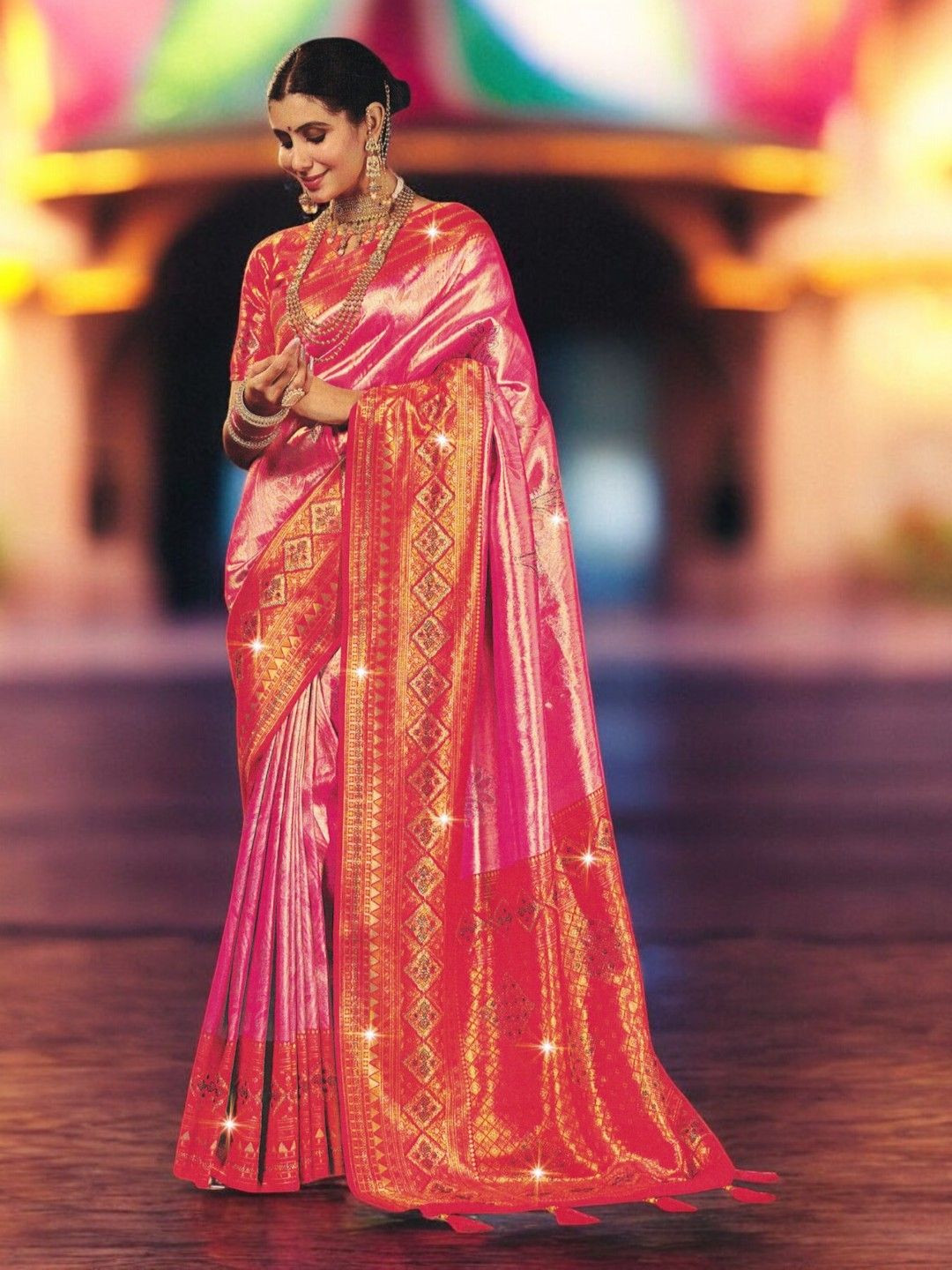 

SHOPPKEE Woven Design Zari Silk Blend Banarasi Saree, Pink