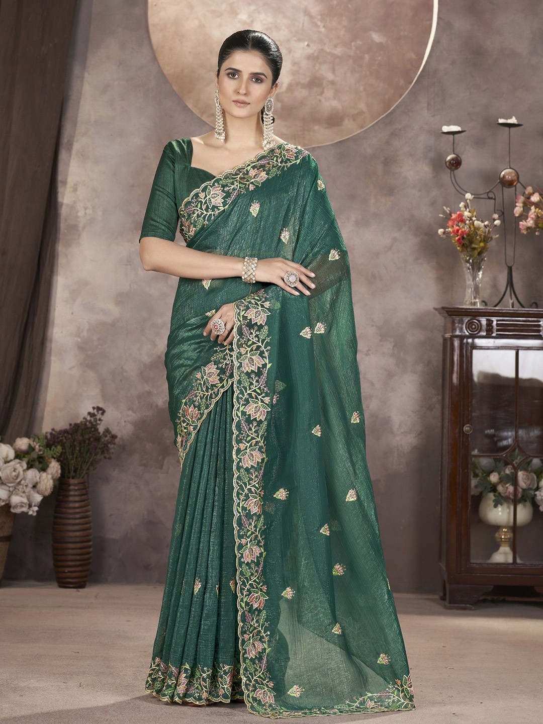 

DIVASTRI Embellished Embroidered Silk Blend Saree, Green