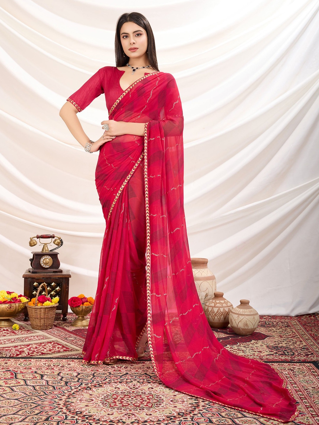 

DIVASTRI Polka Dot Sequinned Poly Georgette Saree, Pink