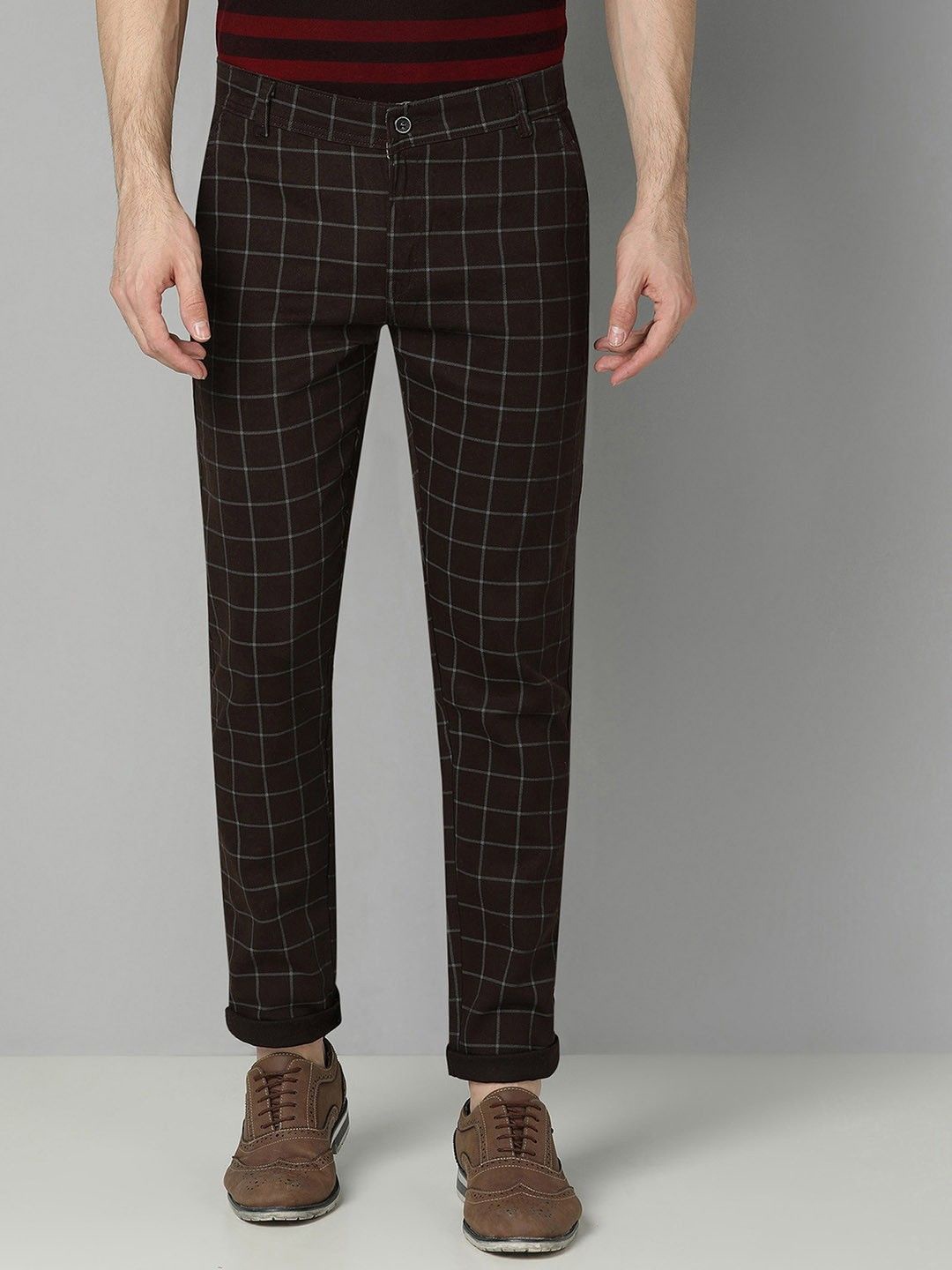 

PulseIQ Men Checked Slim Fit Easy Wash Trousers, Brown