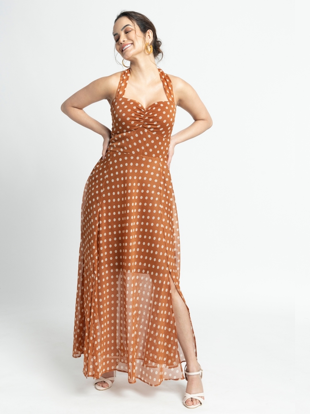 

JULO Polka Dot Print Chiffon Maxi Dress, Brown