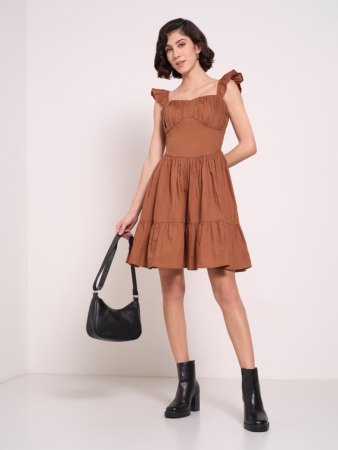 

People Flutter Sleeve Fit & Flare Dress, Tan