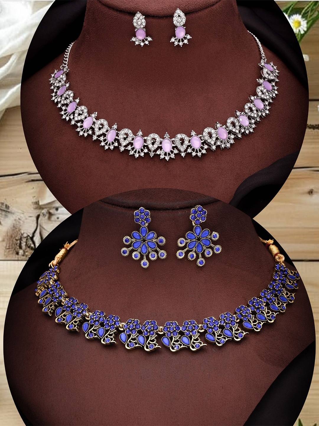 

DIVASTRI Set Of 2 Gold & Silver-Plated American Diamond-Studded Jewellery Set