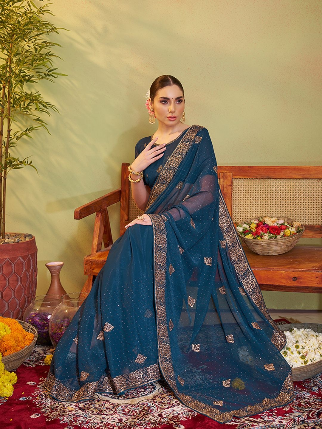 

Mitera Floral Embroidered Organza Saree, Navy blue