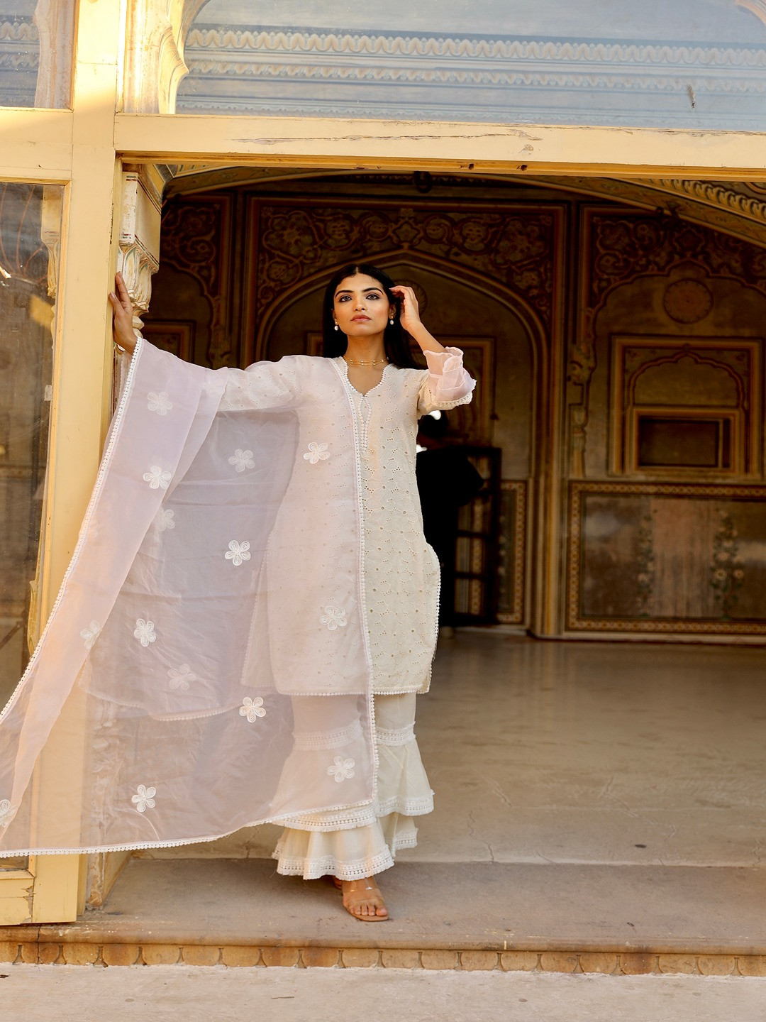 

ASRUMO Women Embroidered Regular Thread Work Kurta with Trousers, Off white